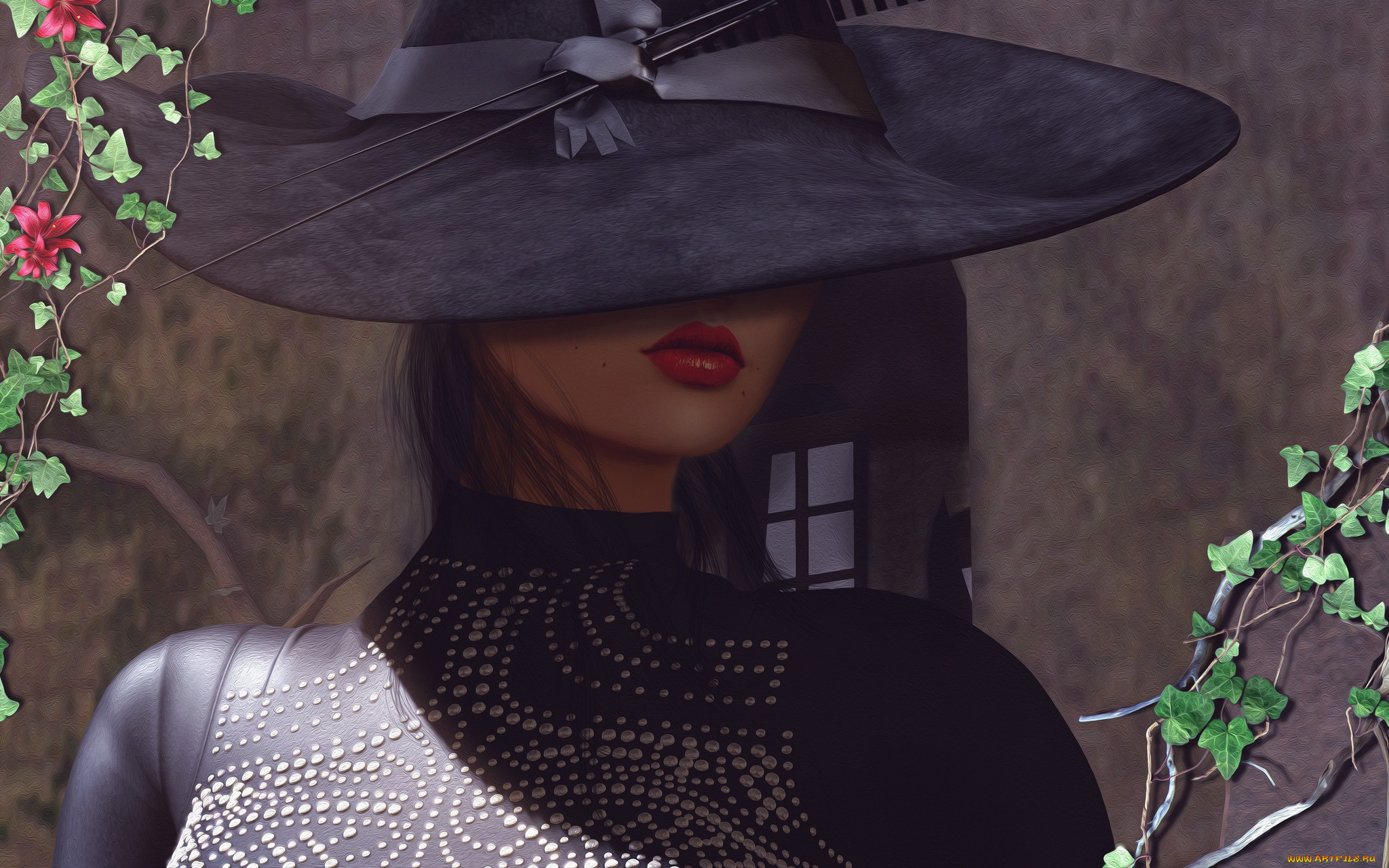 3д, графика, портрет, , portraits, фон, губы, помада, шляпа, лицо