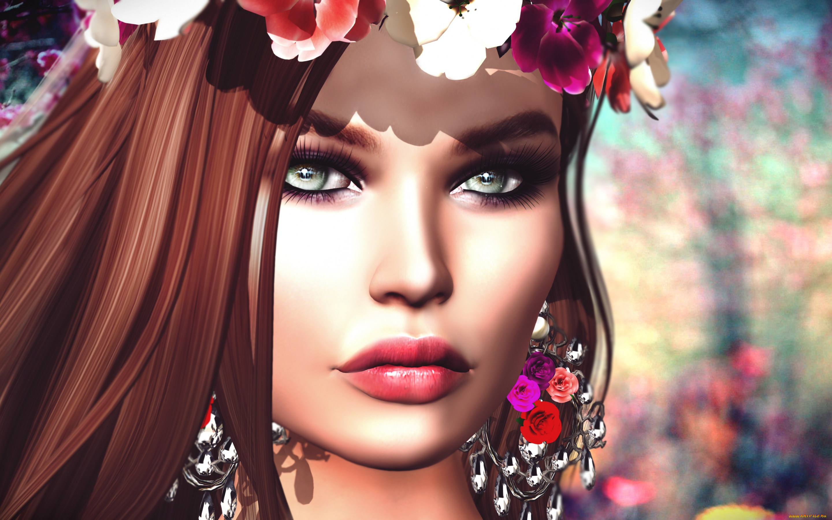 3д, графика, портрет, , portraits, девушка, губы, глаза, лицо, цветы