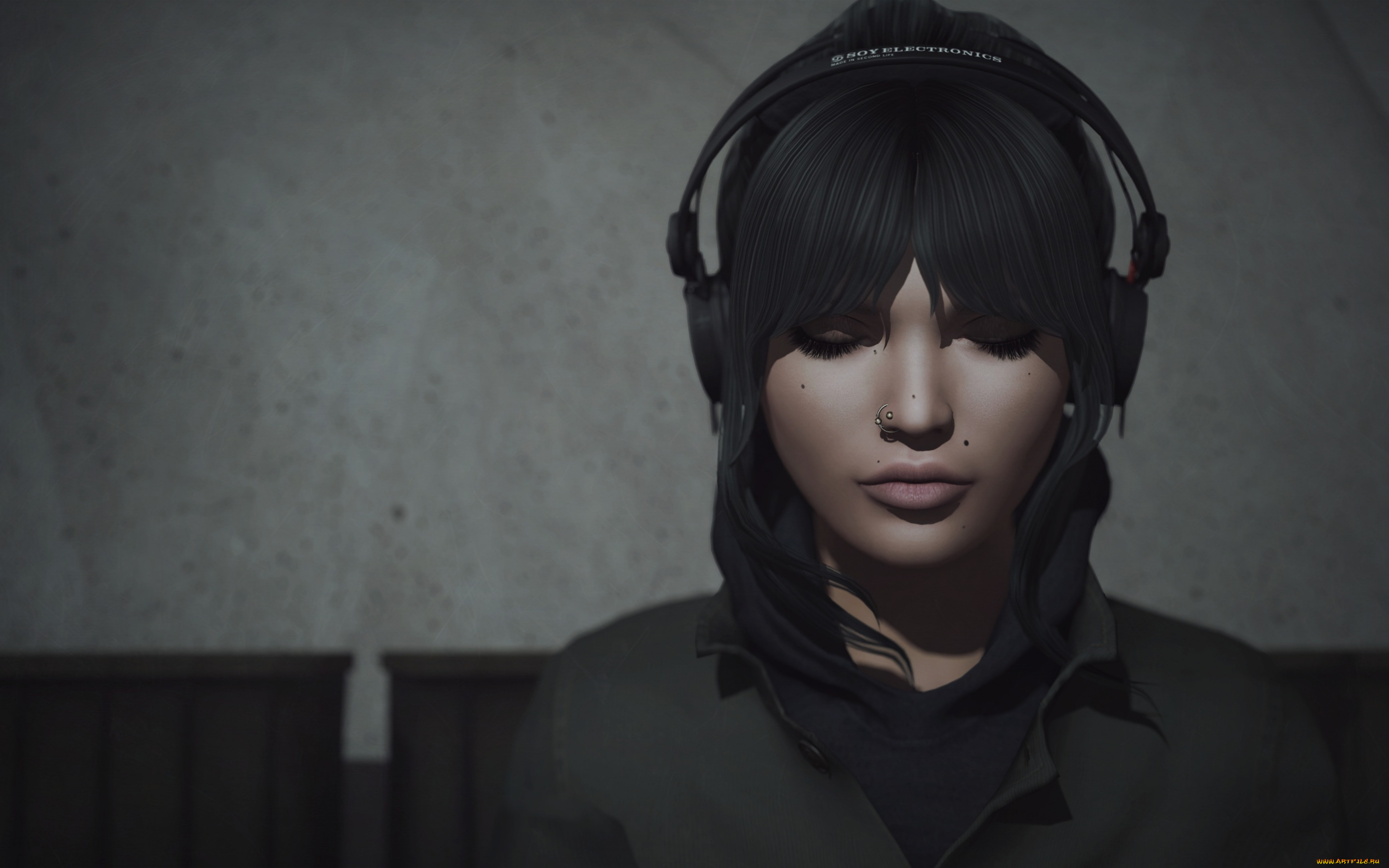 3д, графика, портрет, , portraits, фон, девушка, лицо, наушники, волосы, музыка
