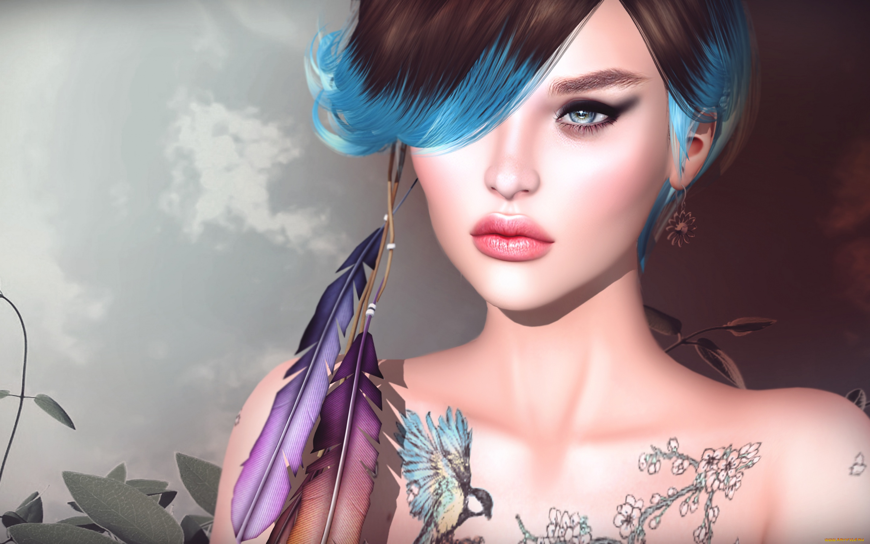 3д, графика, портрет, , portraits, фон, волосы, перья, девушка, лицо