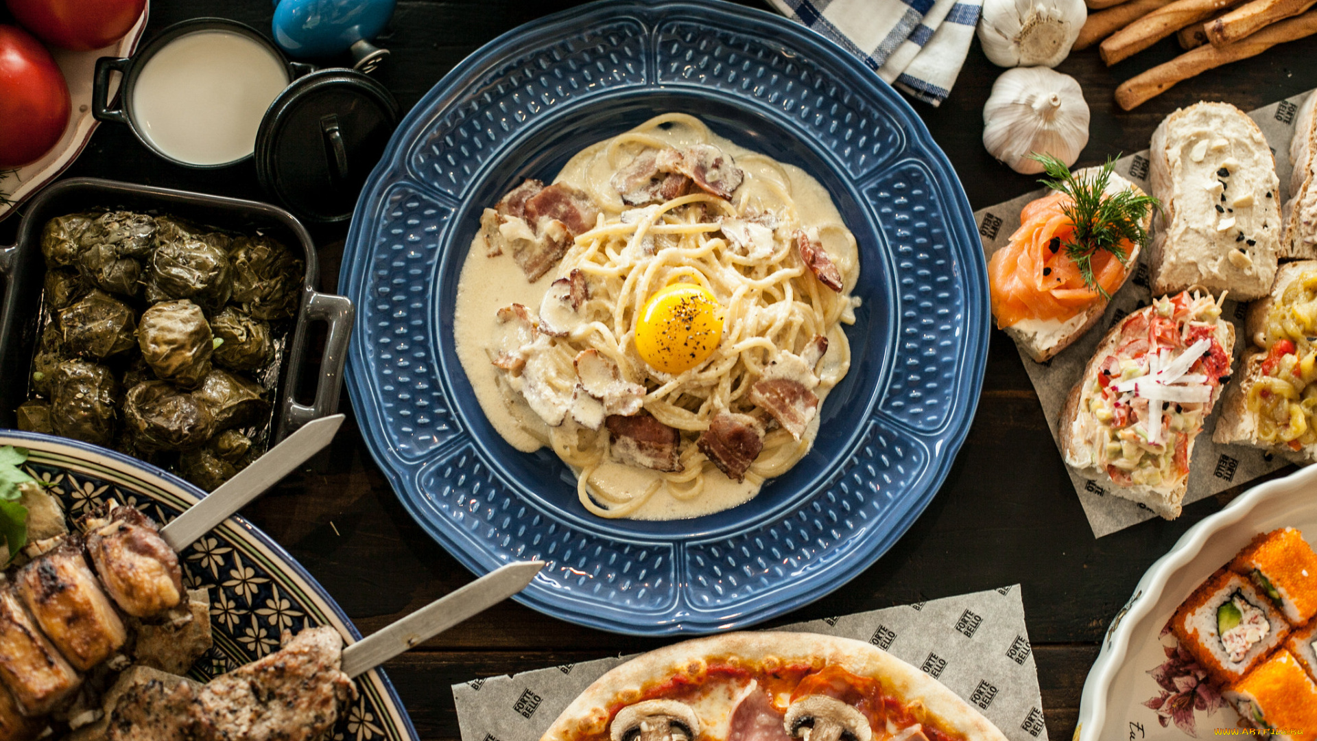 еда, разное, разности, лаваш, зелень, бекон, яйца, лапша, пицца