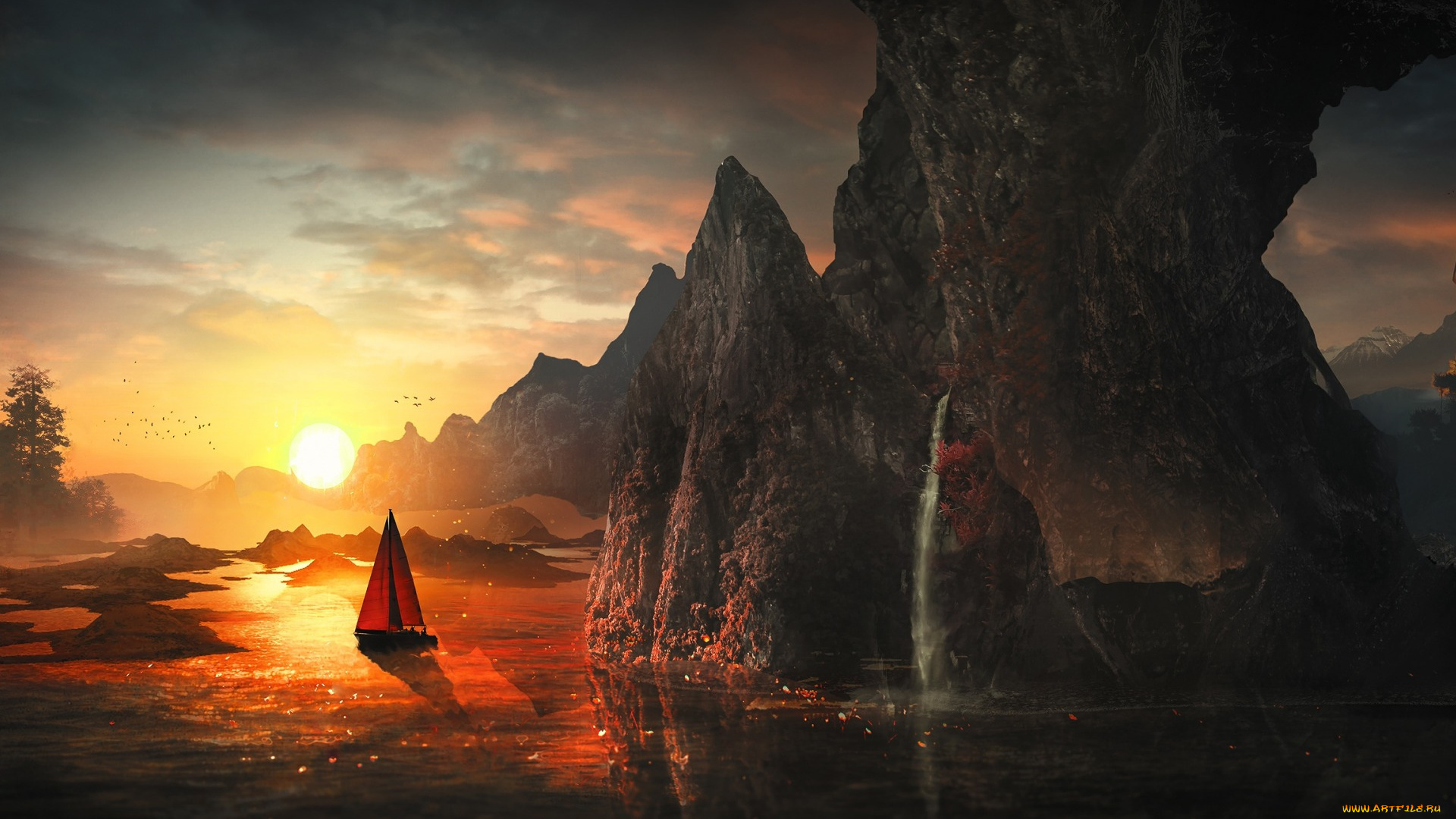 рисованное, живопись, горы, арт, лодка, свет, вода, парус, река, скалы, солнце, восход, фантазия
