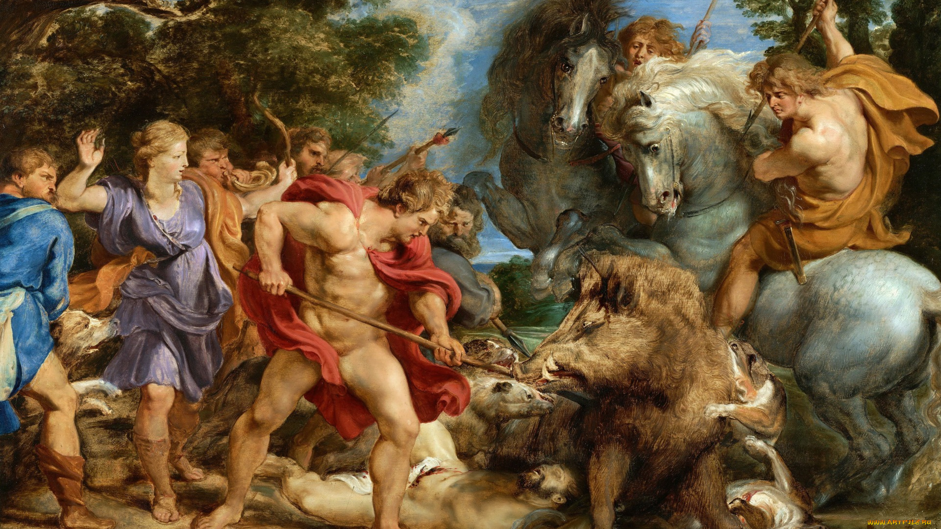 рисованное, живопись, pieter, paul, rubens, картина, аталанта, и, мелеагр, охотятся, на, кабана, питер, пауль, рубенс, мифология