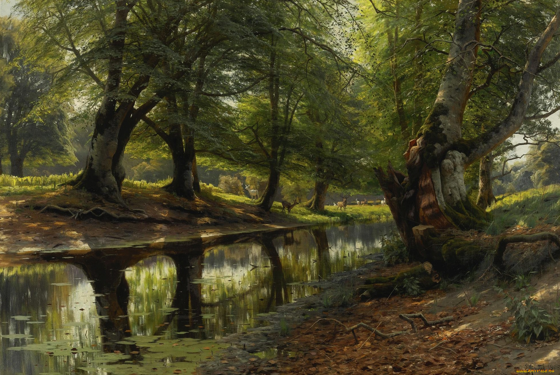 рисованное, природа, peder, mоrk, mоnsted, деревья, пейзаж, картина, олени, на, расстоянии, ручей, в, долине, петер, мёрк, мёнстед