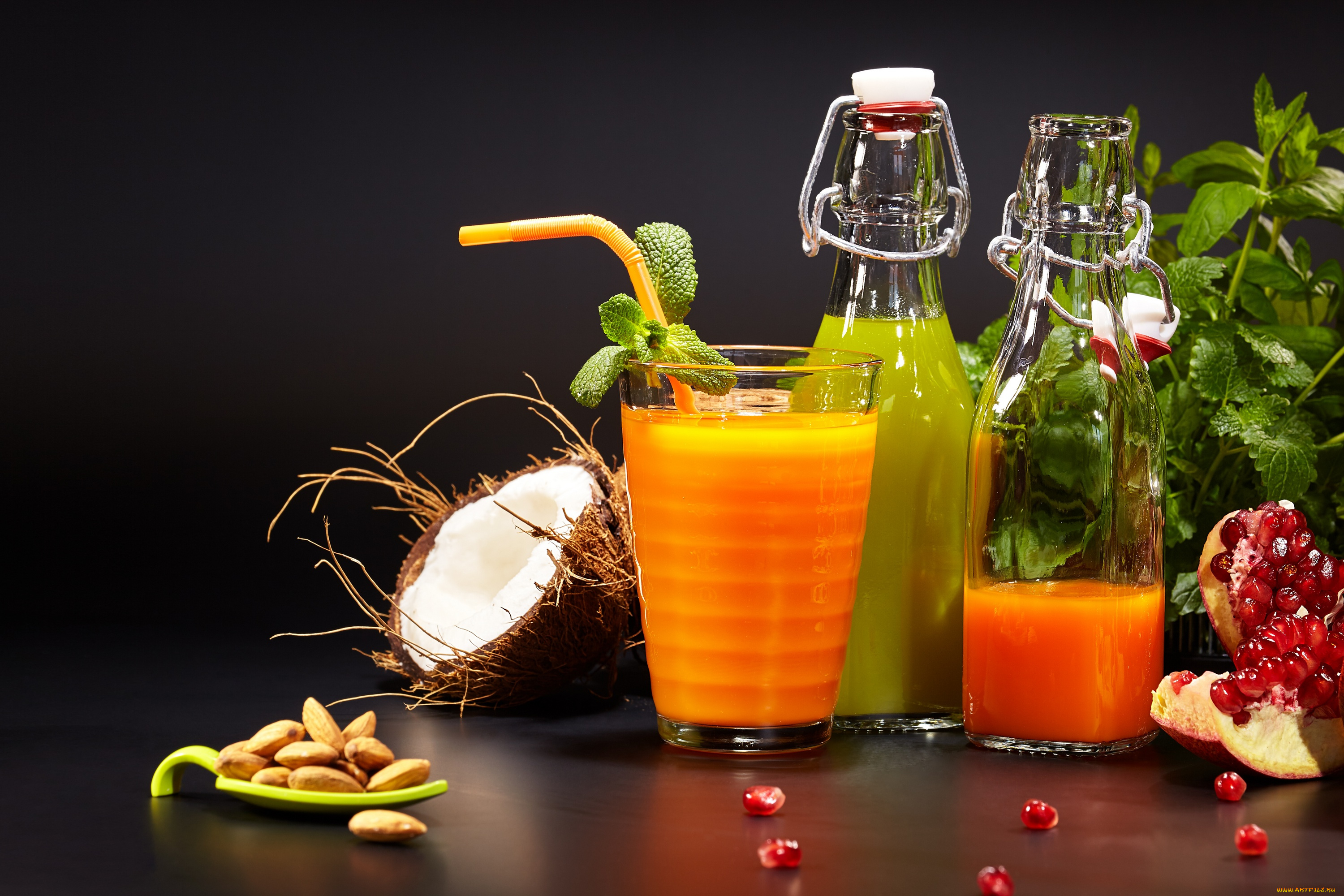 еда, напитки, , сок, орешки, гранат, напиток, кокос, сок, мята