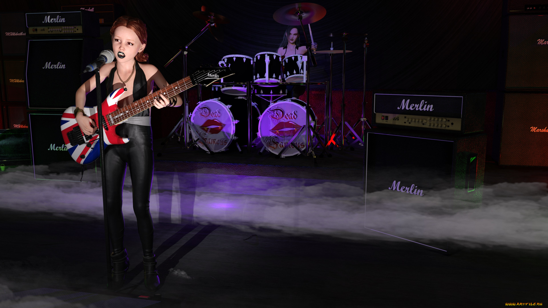 3д, графика, люди, , people, гитара, фон, девушка, взгляд