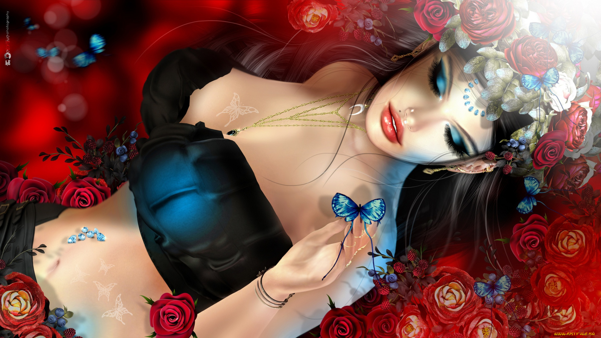 3д, графика, люди, , people, венок, брюнетка, бабочка, цветы, девушка