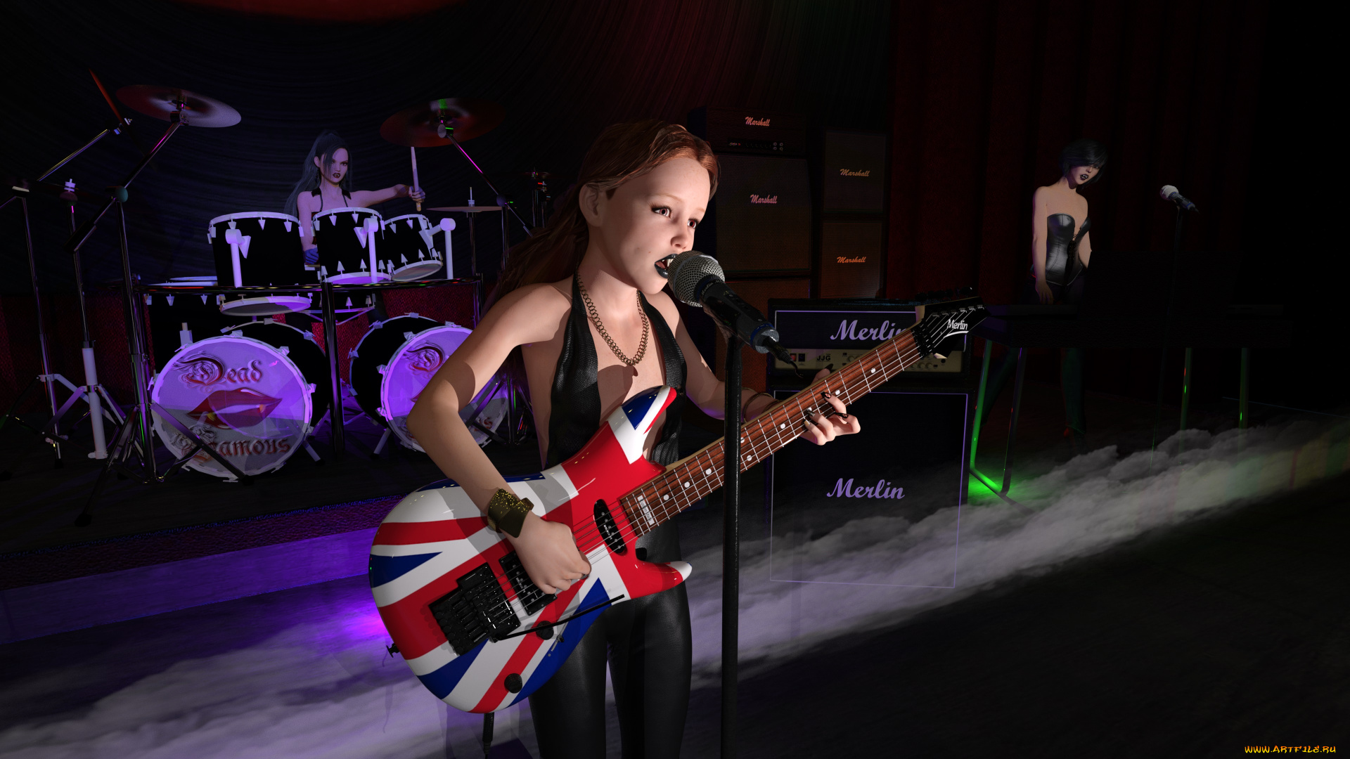 3д, графика, люди, , people, взгляд, фон, гитара, девушка