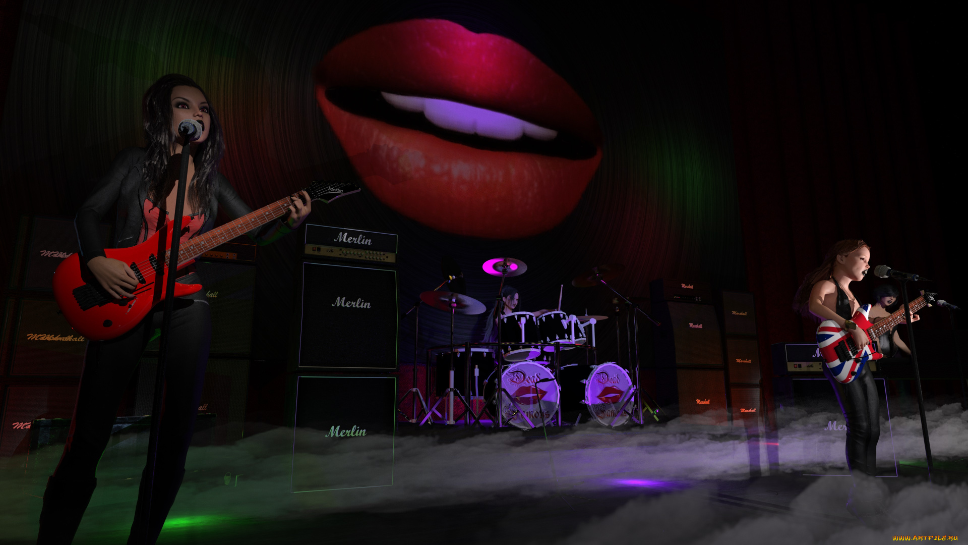 3д, графика, люди, , people, взгляд, гитара, девушка, фон