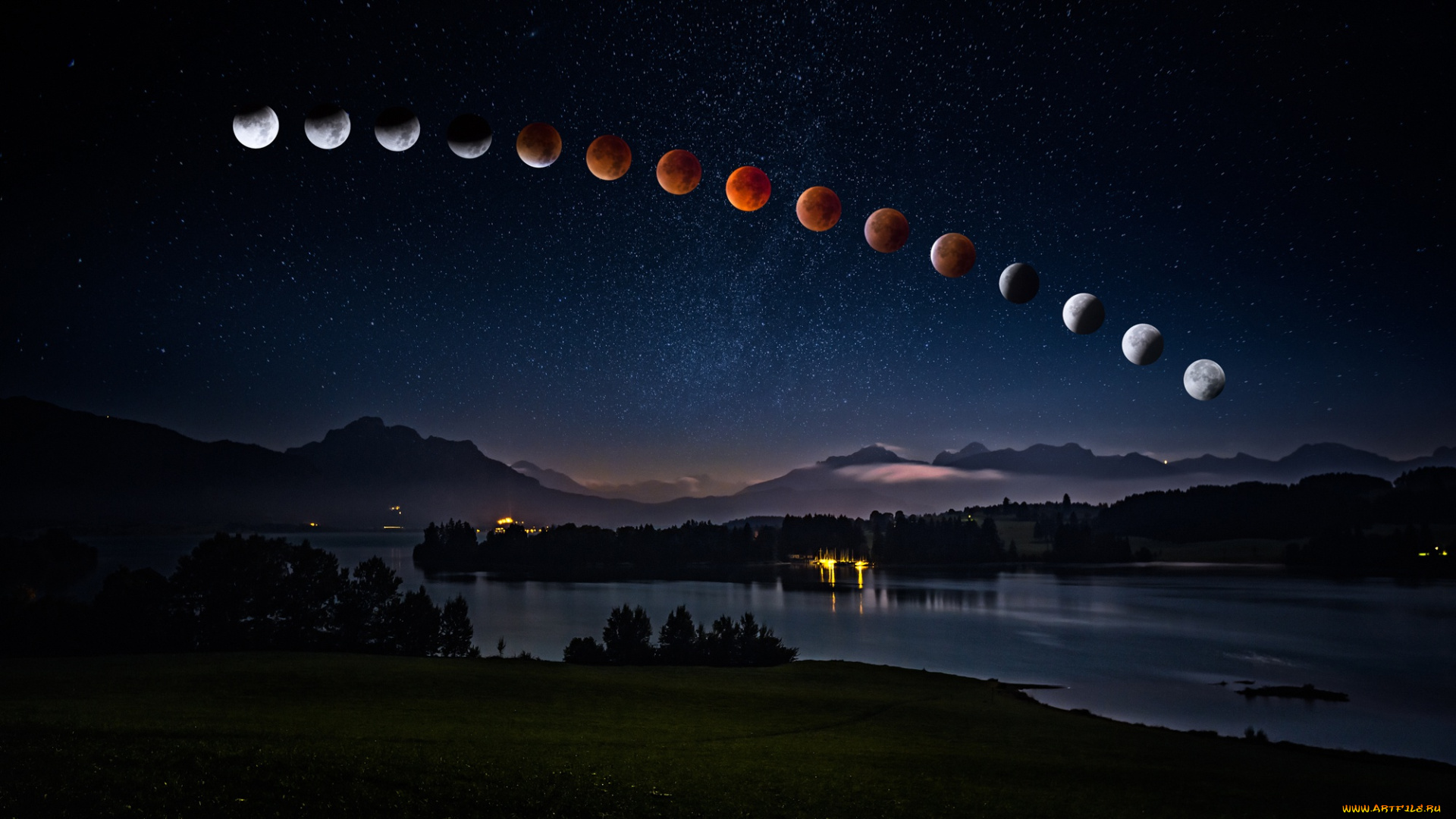 космос, луна, стадии, лунное, затмение, 2018, звездное, июль, ночное, водоем, полнолуние, дымка, вершины, берег, темнота, огни, ночь, горы, пейзаж, звезды, небо, лето