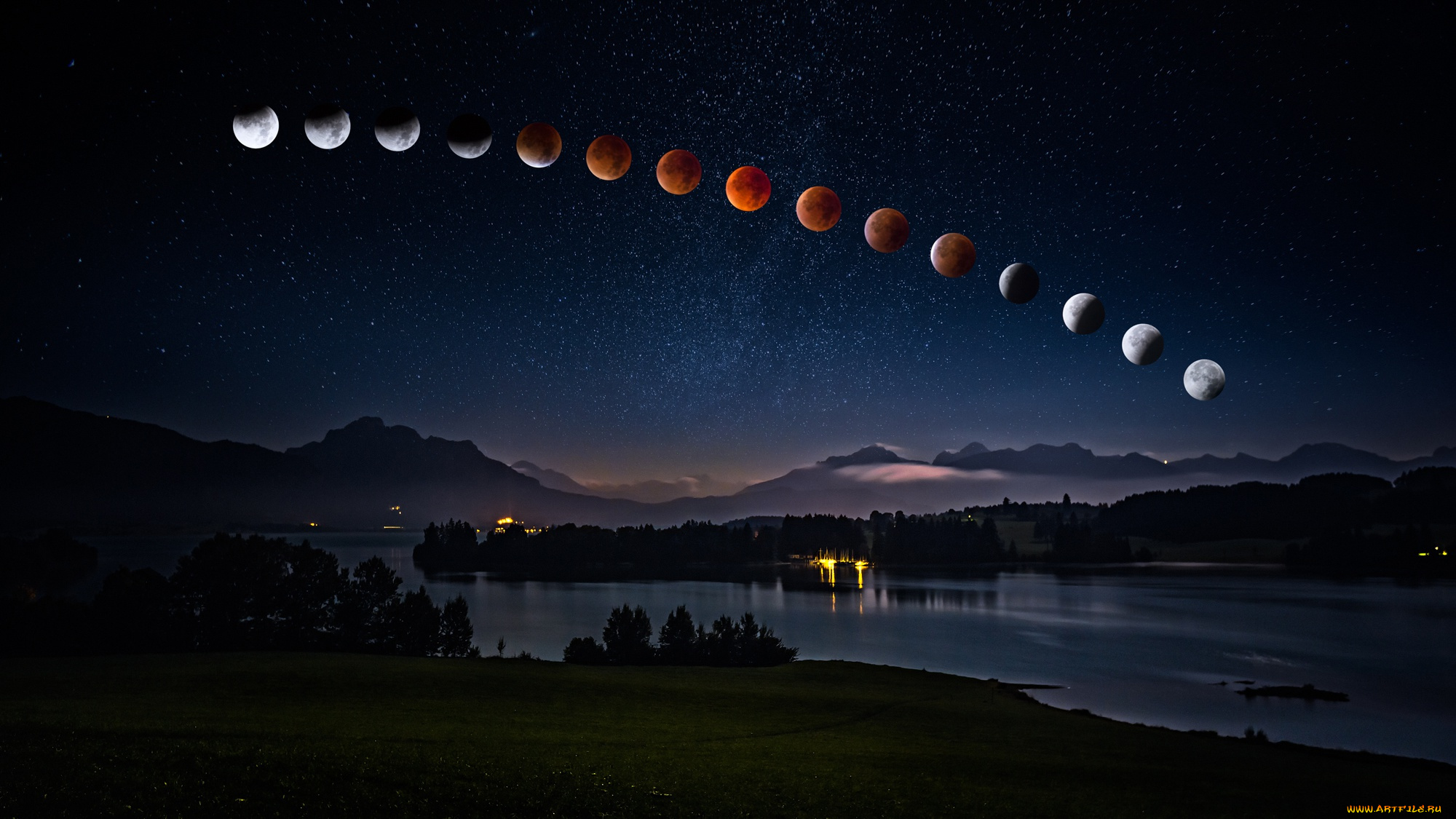 космос, луна, стадии, лунное, затмение, 2018, звездное, июль, ночное, водоем, полнолуние, дымка, вершины, берег, темнота, огни, ночь, горы, пейзаж, звезды, небо, лето