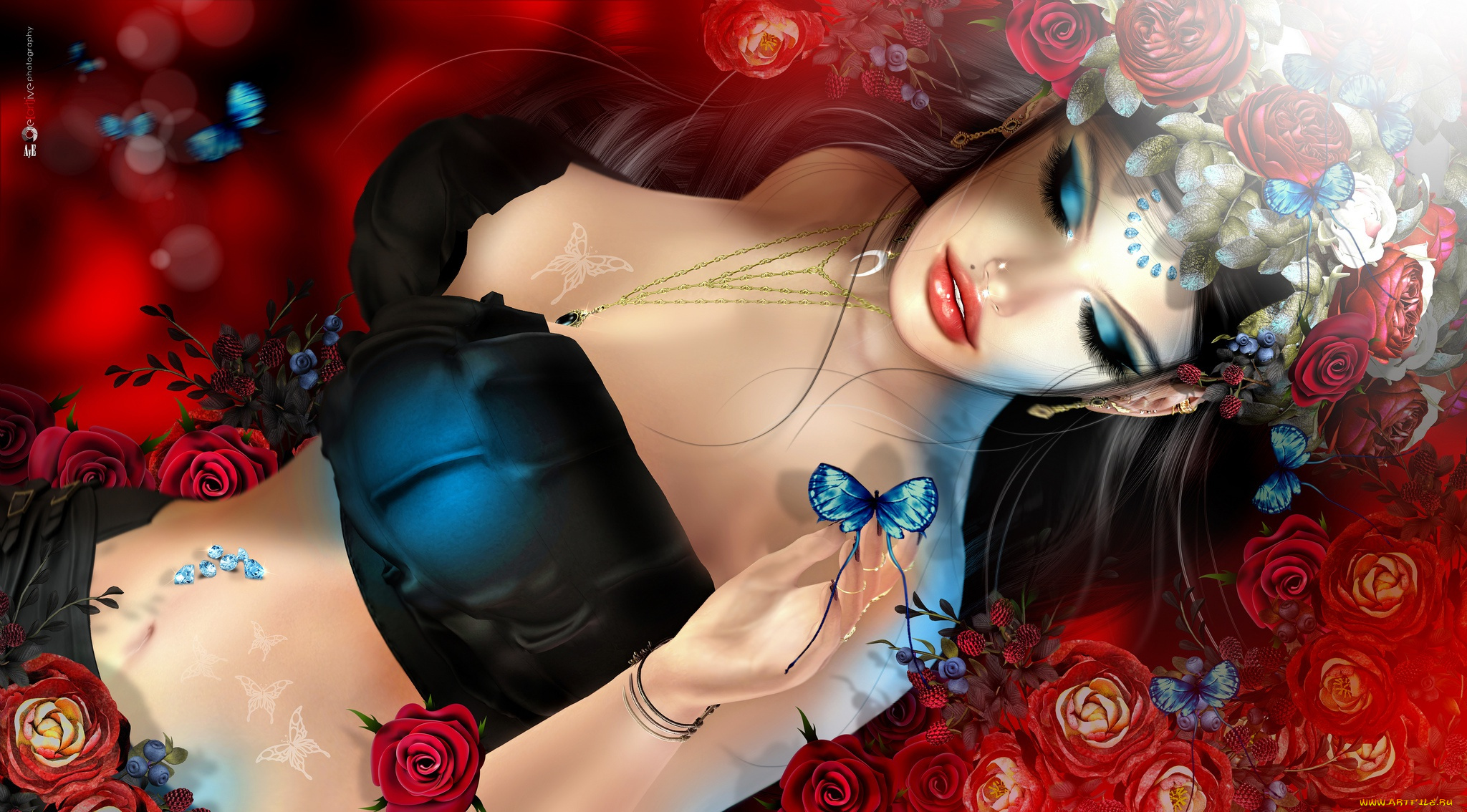 3д, графика, люди, , people, венок, брюнетка, бабочка, цветы, девушка