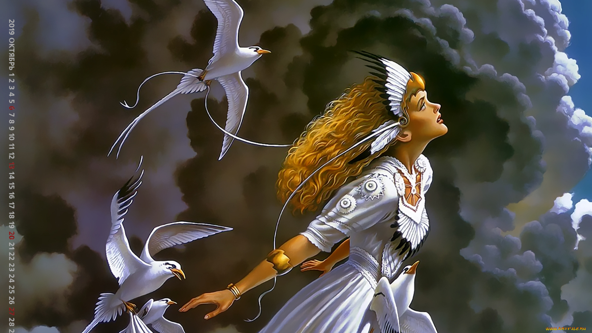 календари, фэнтези, calendar, 2019, облако, профиль, девушка, птица