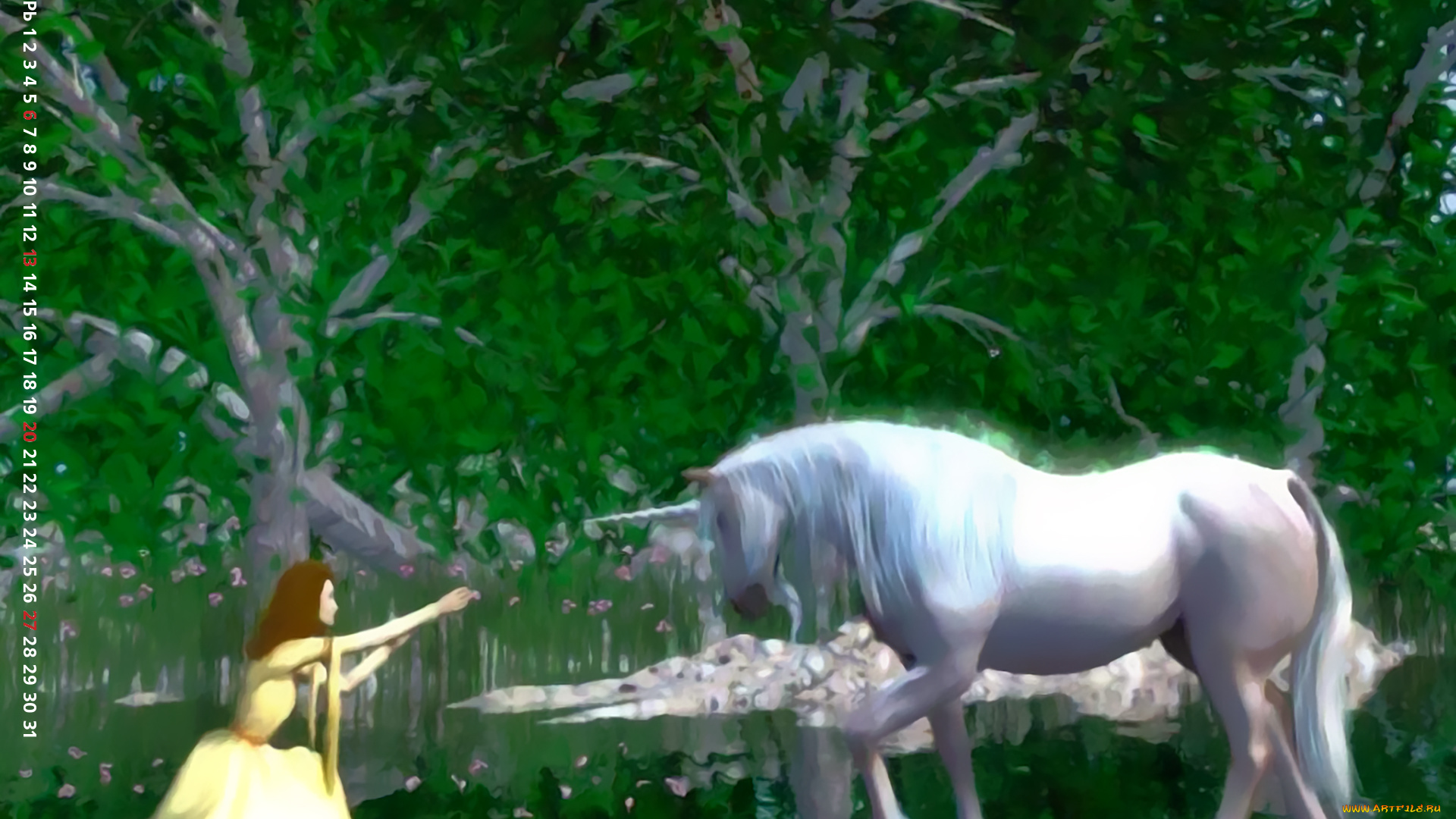 календари, фэнтези, девушка, лошадь, calendar, природа, дерево, единорог, 2019, конь, водоем