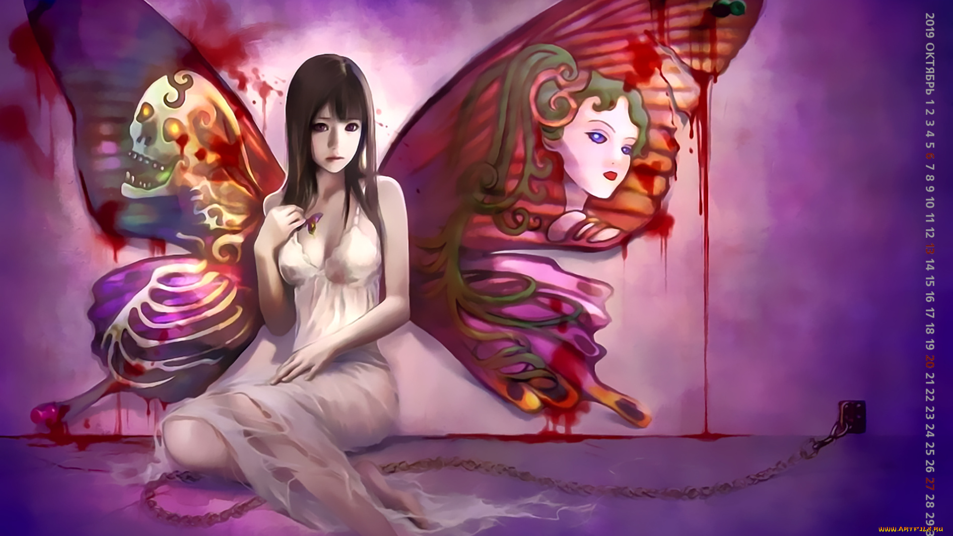 календари, фэнтези, крылья, девушка, цепь, кровь, узор, рисунок, calendar, 2019