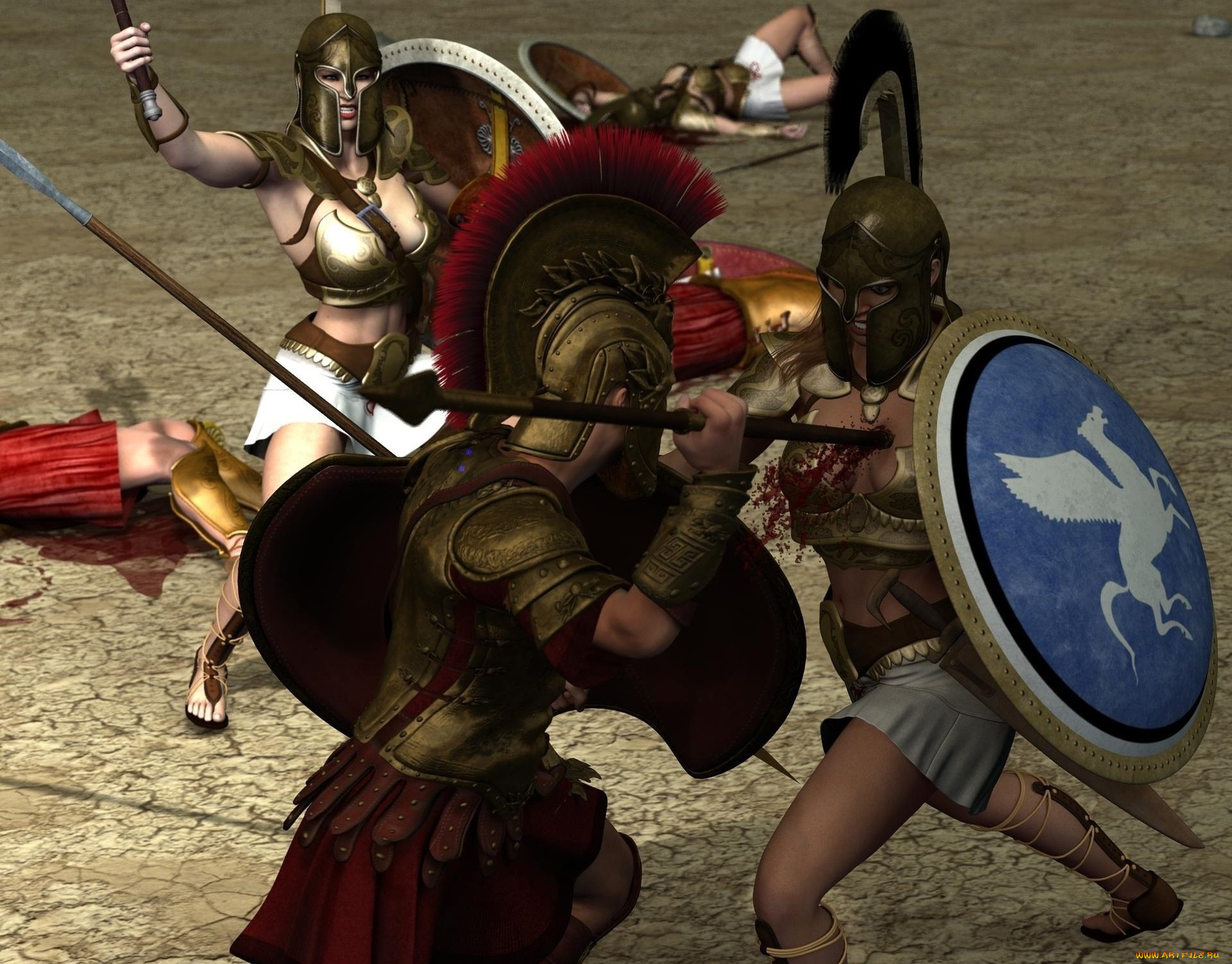 3д, графика, амазонки, , amazon, взгляд, девушка, амазонка, фон, щит, битва, копье