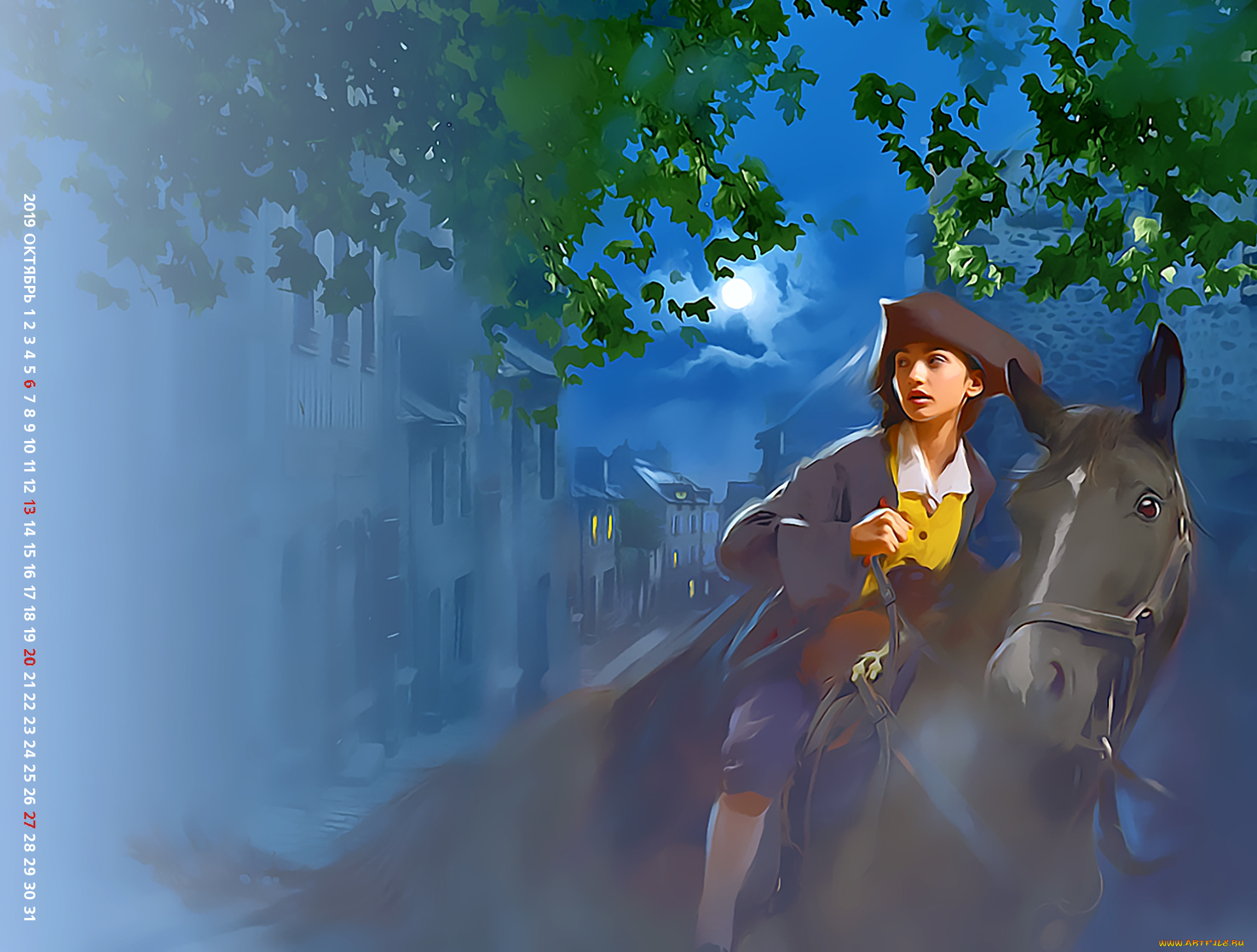 календари, фэнтези, 2019, calendar, конь, ночь, здание, девушка, лошадь