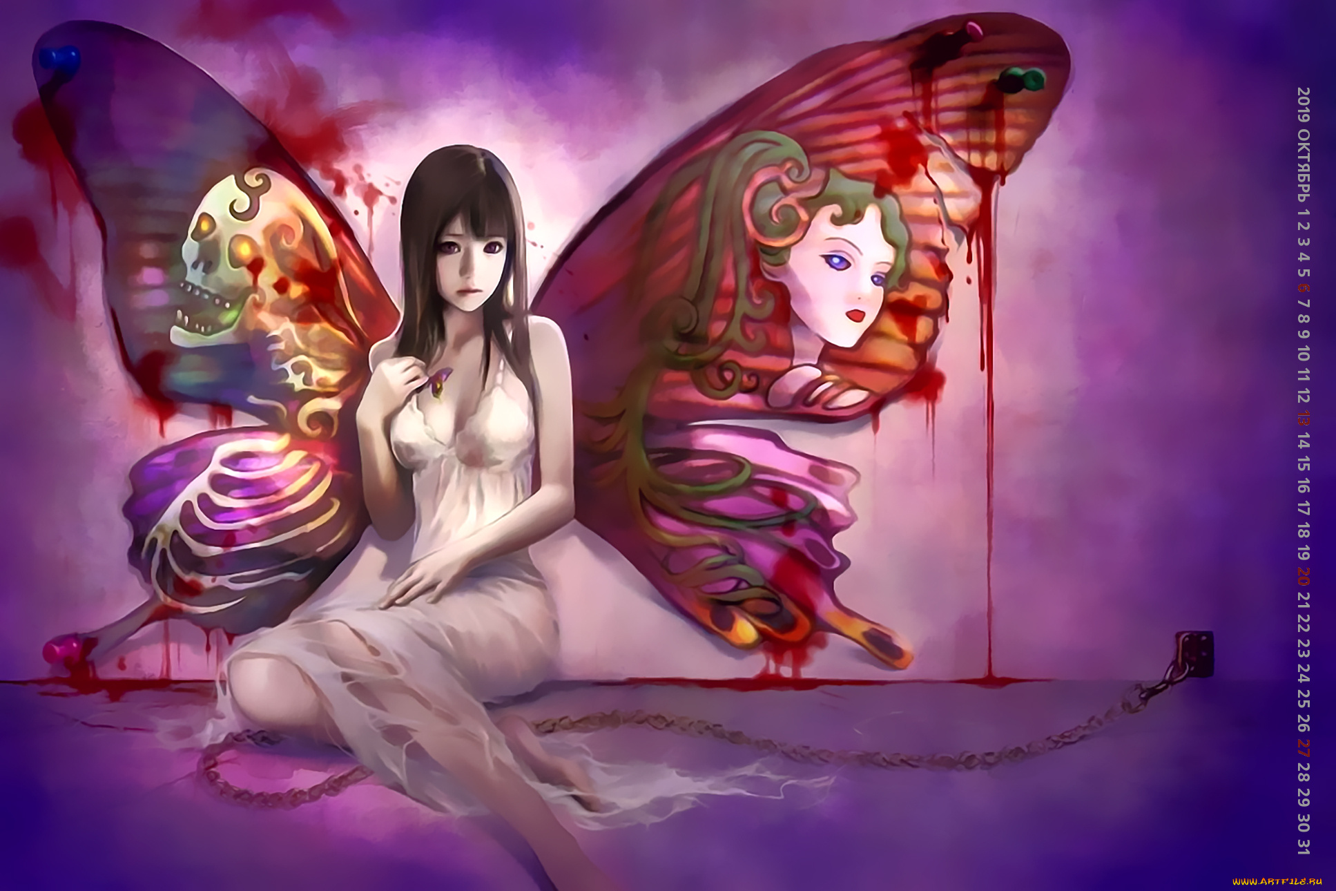 календари, фэнтези, крылья, девушка, цепь, кровь, узор, рисунок, calendar, 2019