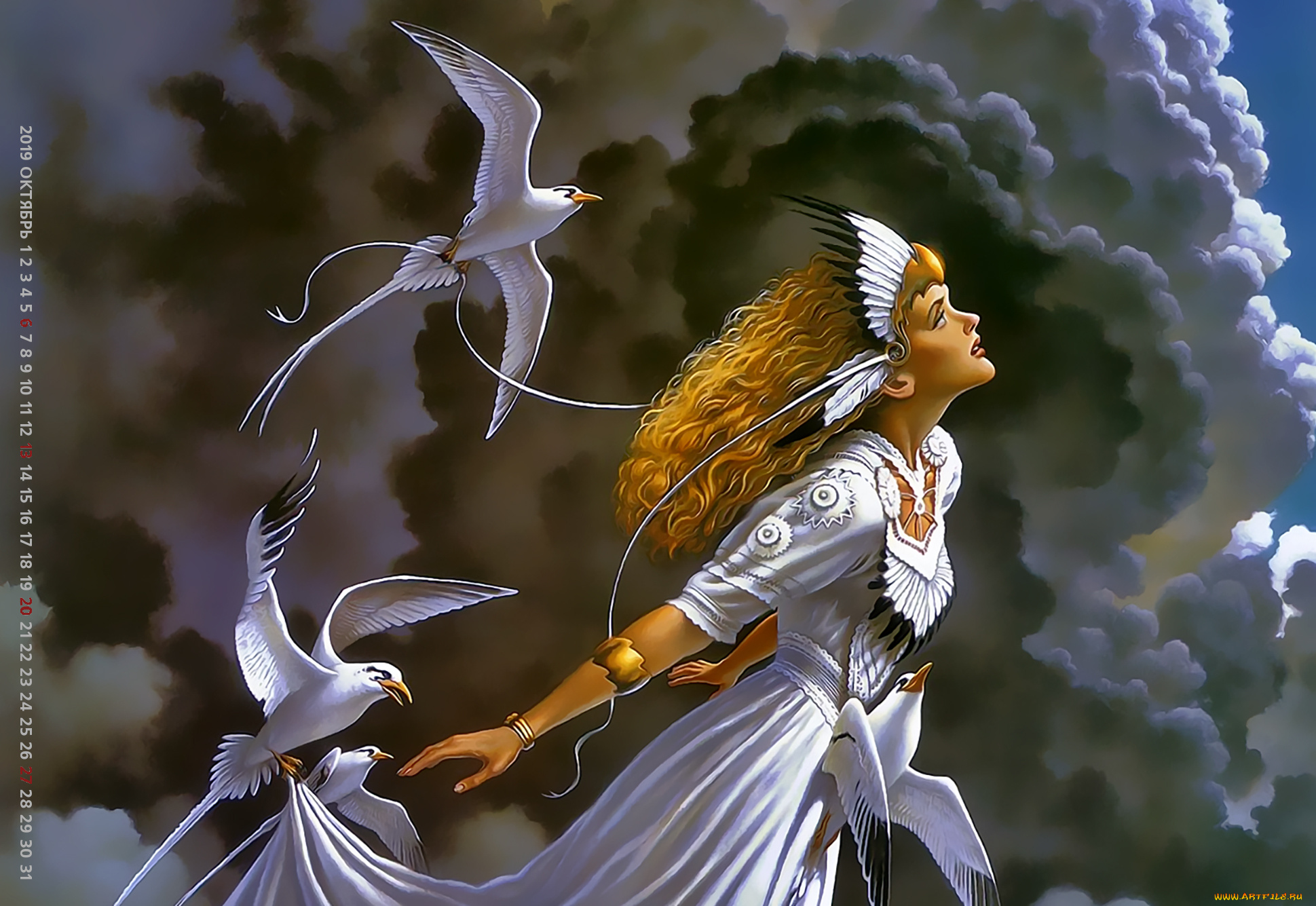 календари, фэнтези, calendar, 2019, облако, профиль, девушка, птица