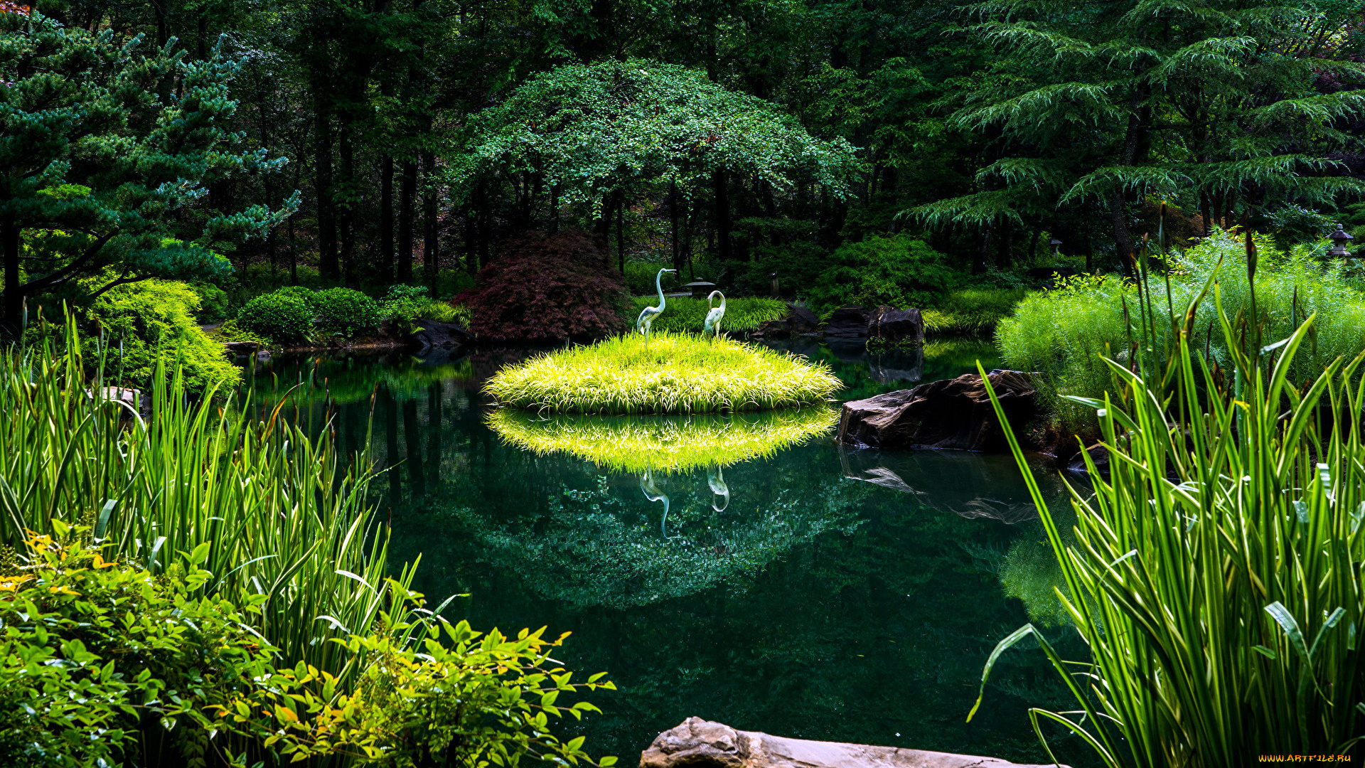 природа, парк, пруд, камыши, деревья, фигурки