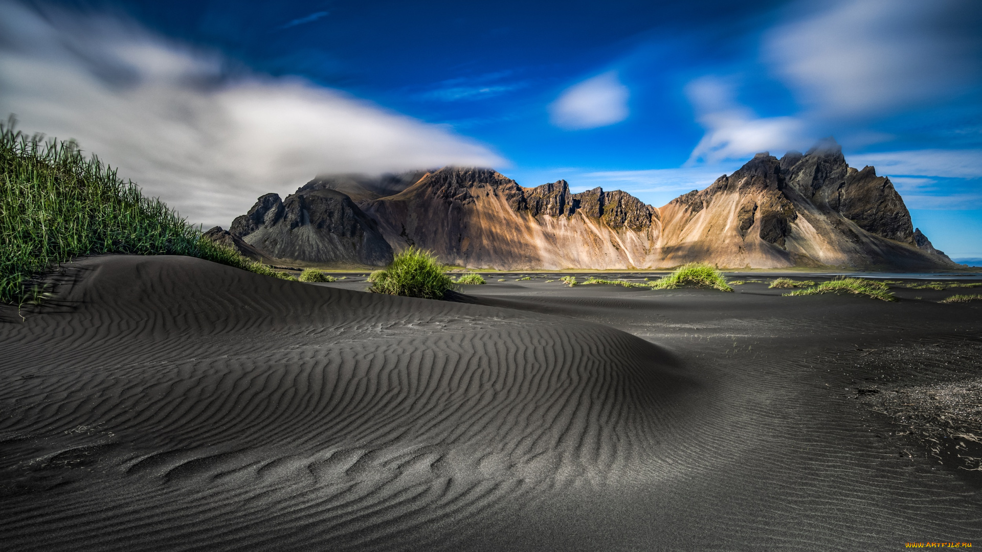 природа, горы, трава, пейзаж, исландия, пески, vestrahorn, вестрахорн