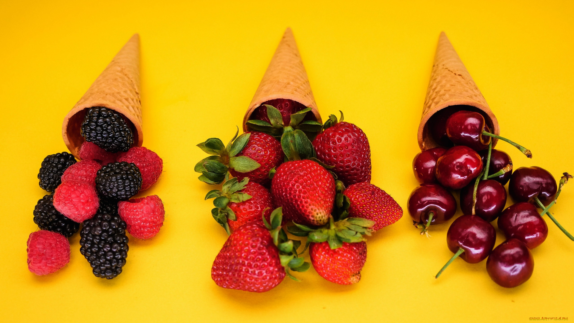 еда, фрукты, , ягоды, вафельный, рожок, ягоды, малина, клубника, вишни, ежевика