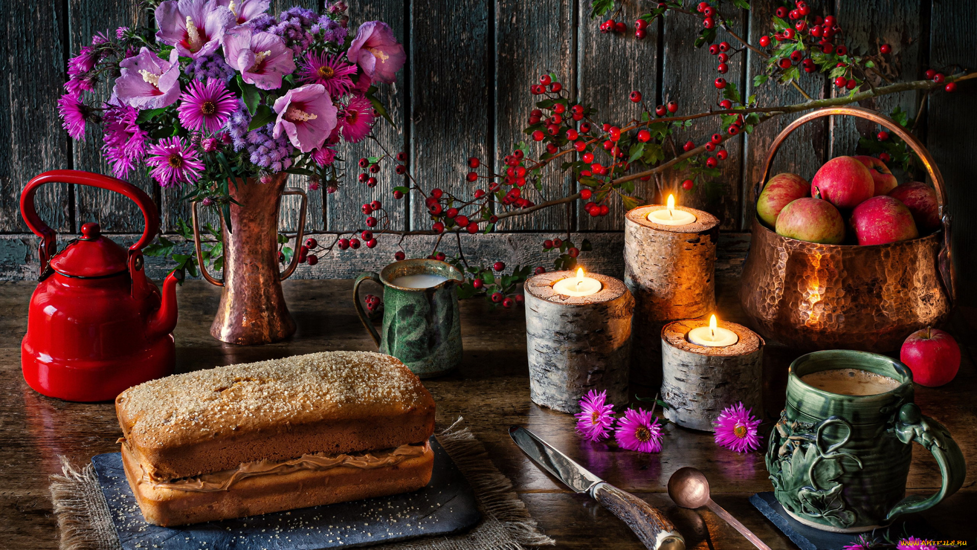 еда, натюрморт, букет, свечи, яблоки, пирог, кофе, молоко