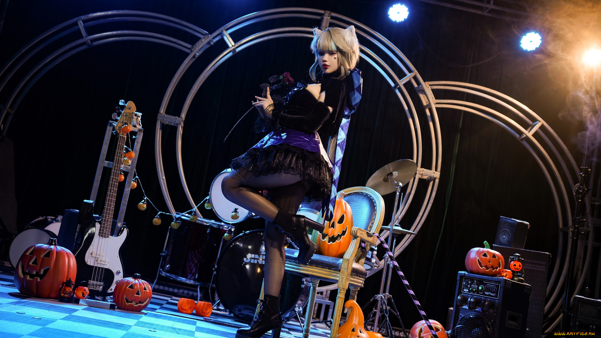 девушки, -, креатив, , косплей, образ, костюм, кольца, тыквы, гитара, стул