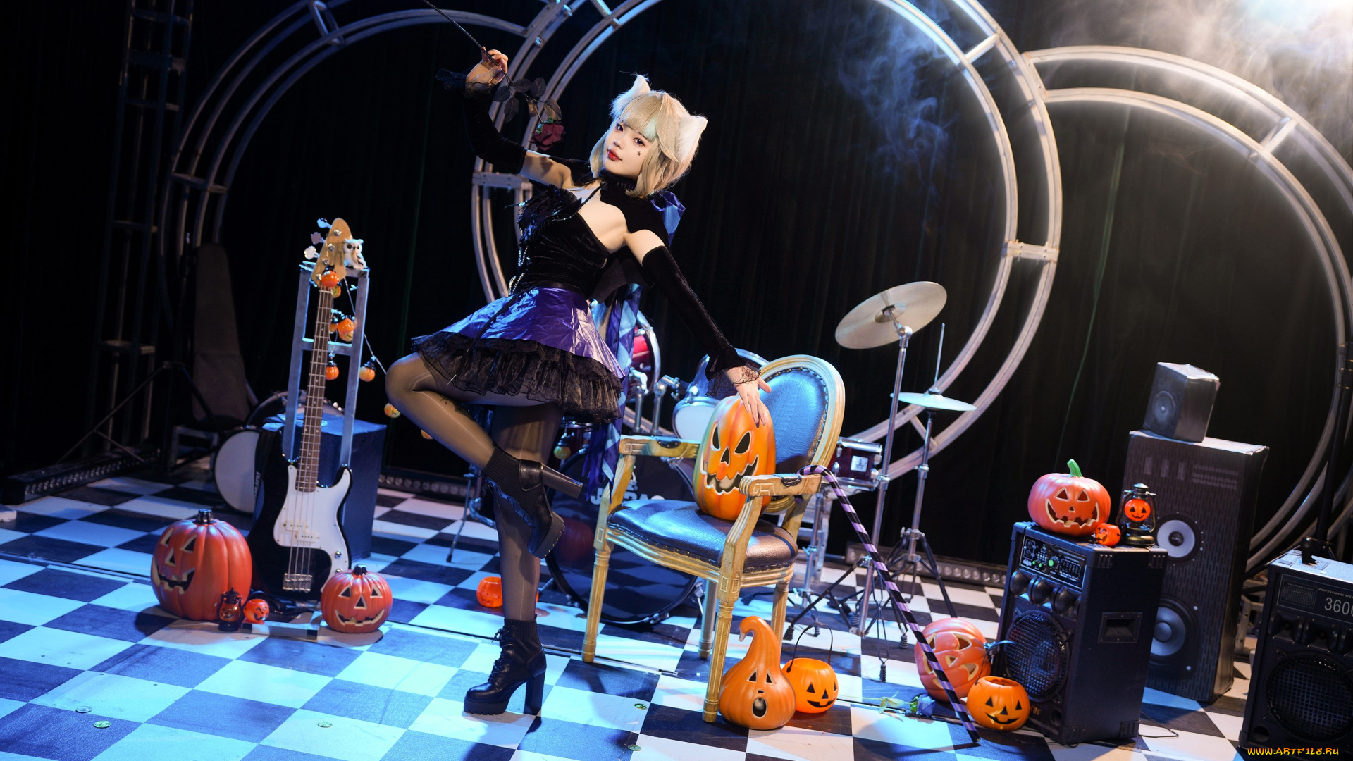 xiaoyaoyaoyao, девушки, -, креатив, , косплей, образ, костюм, кольца, тыквы, гитара, стул