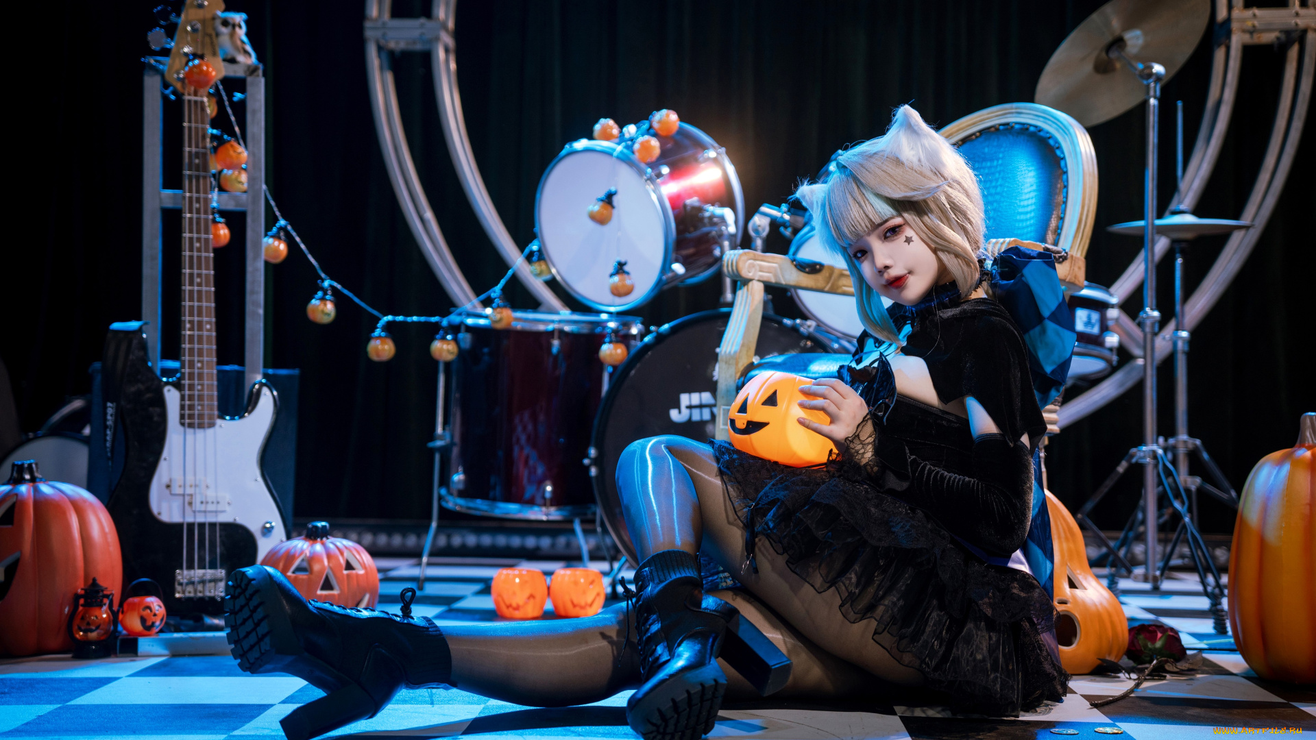 xiaoyaoyaoyao, девушки, -, креатив, , косплей, образ, костюм, кольца, тыквы, гитара, стул