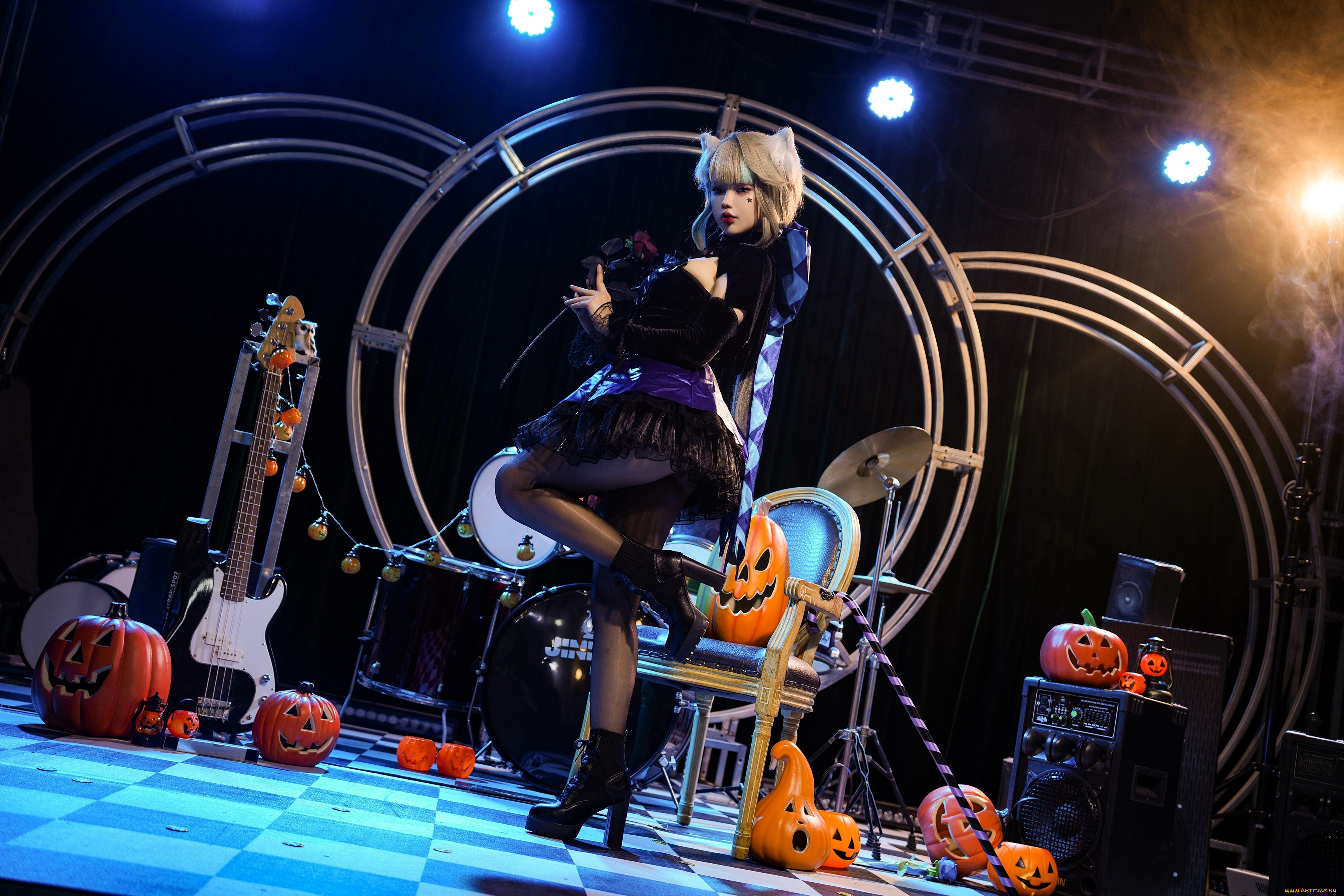девушки, -, креатив, , косплей, образ, костюм, кольца, тыквы, гитара, стул