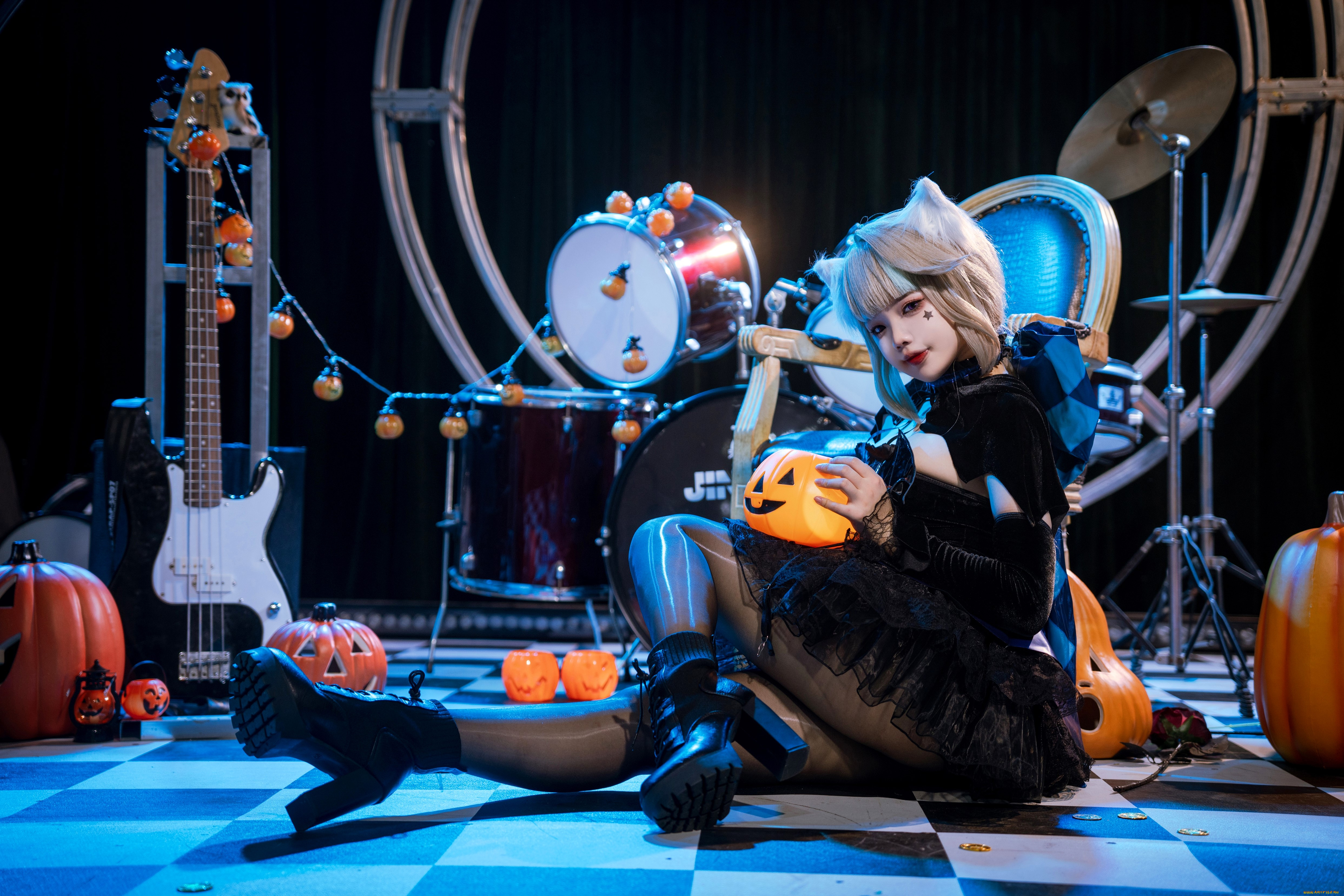 xiaoyaoyaoyao, девушки, -, креатив, , косплей, образ, костюм, кольца, тыквы, гитара, стул