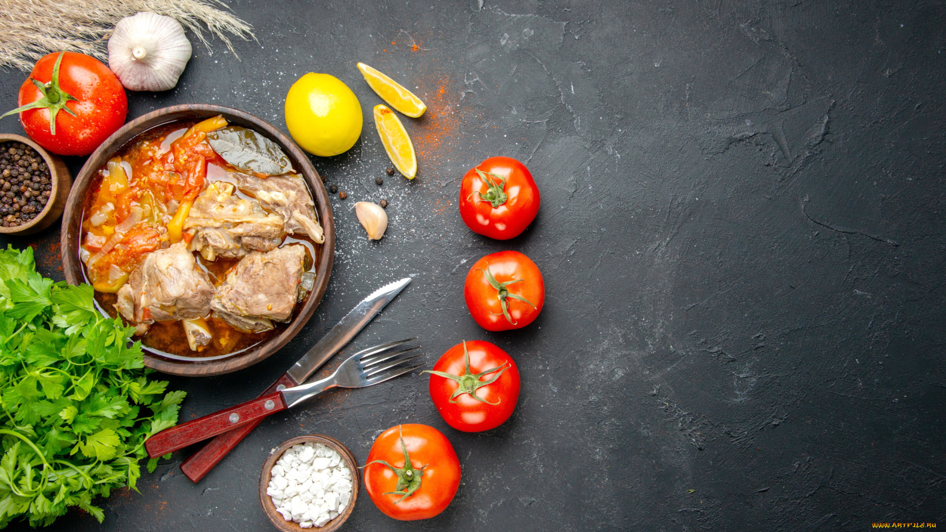 еда, мясные, блюда, чеснок, лимон, помидоры, мясное, рагу