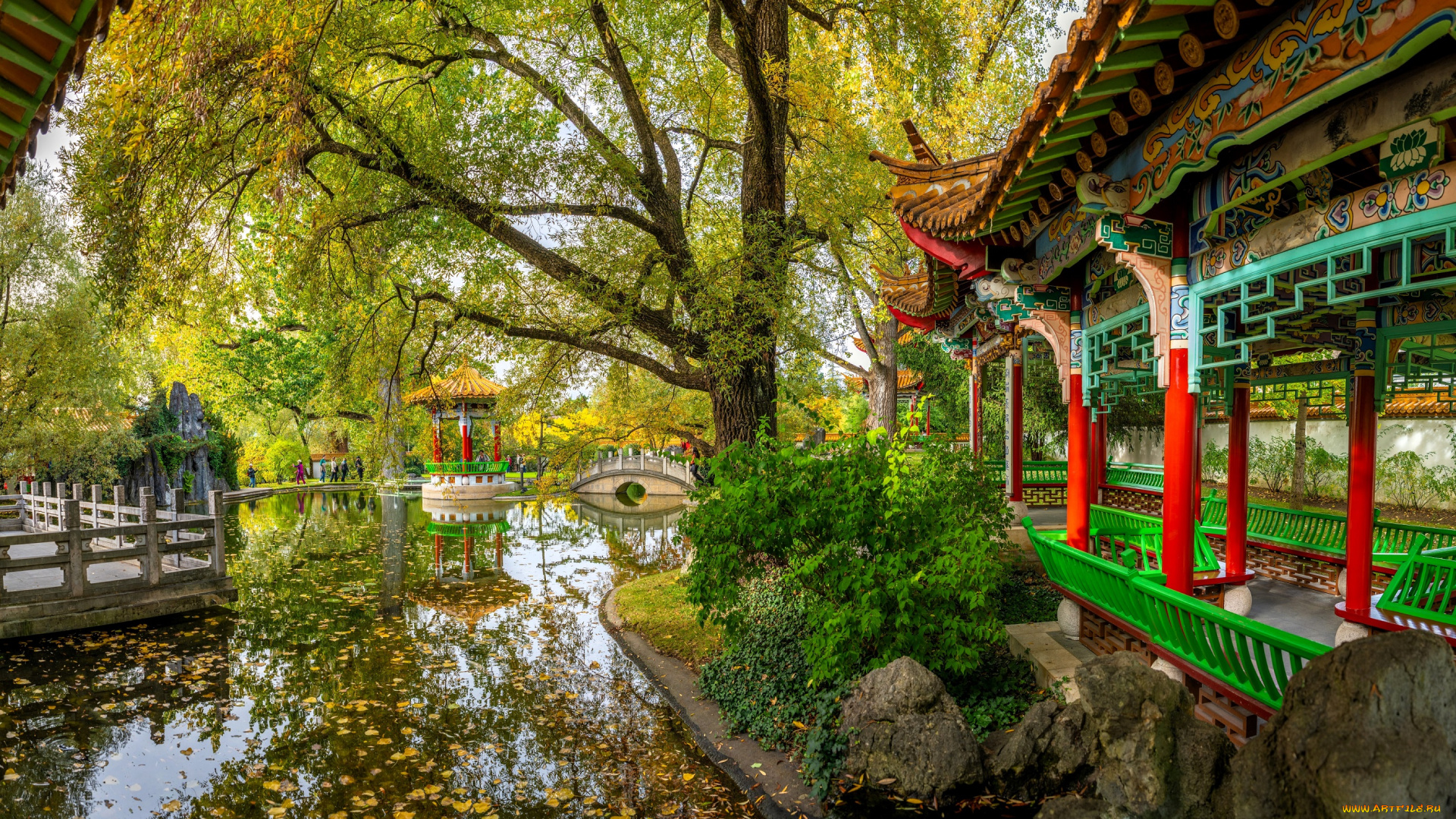 города, цюрих, , швейцария, парк, пруд, листья, деревья, осень, здания, павильоны