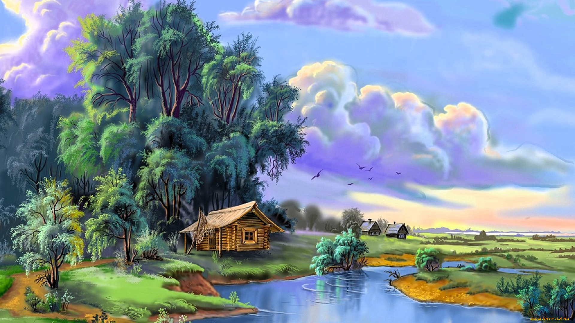 рисованное, виктор, цыганов, лес, деревья, луга, дома, река, лодка