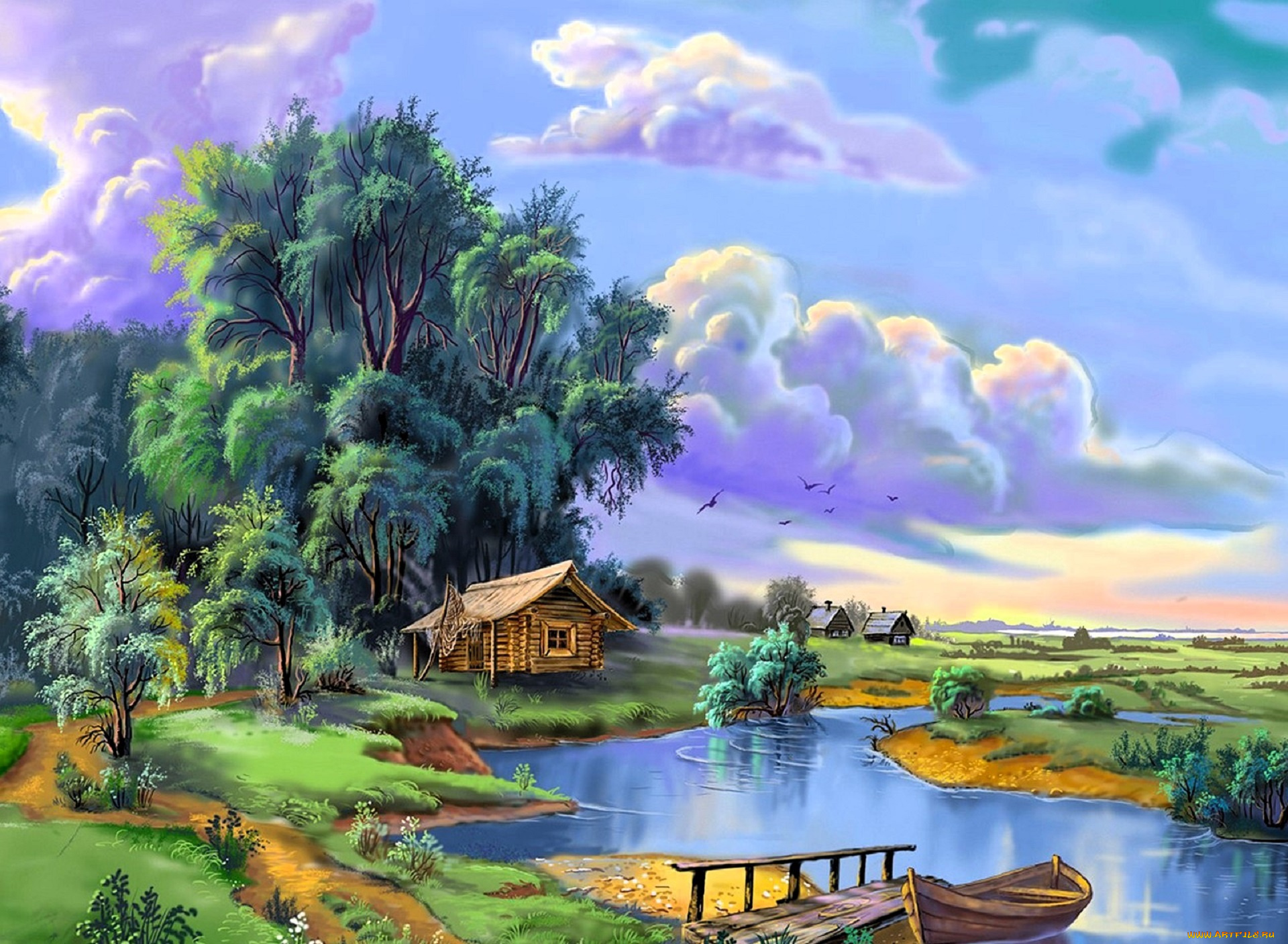 рисованное, виктор, цыганов, лес, деревья, луга, дома, река, лодка