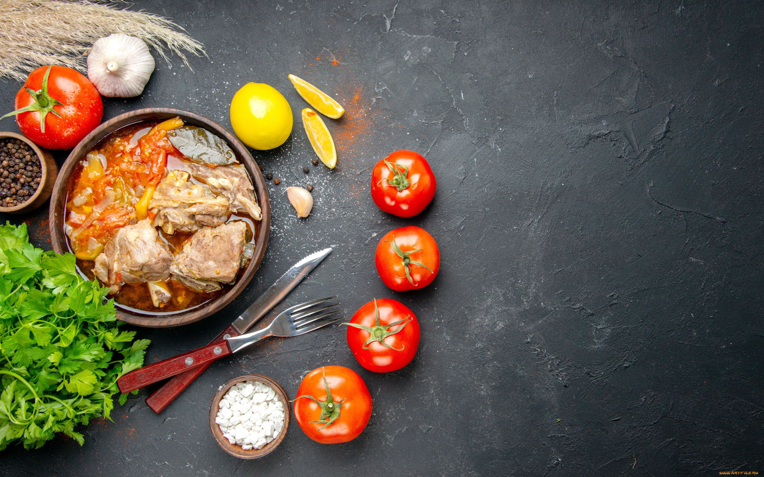 еда, мясные, блюда, чеснок, лимон, помидоры, мясное, рагу