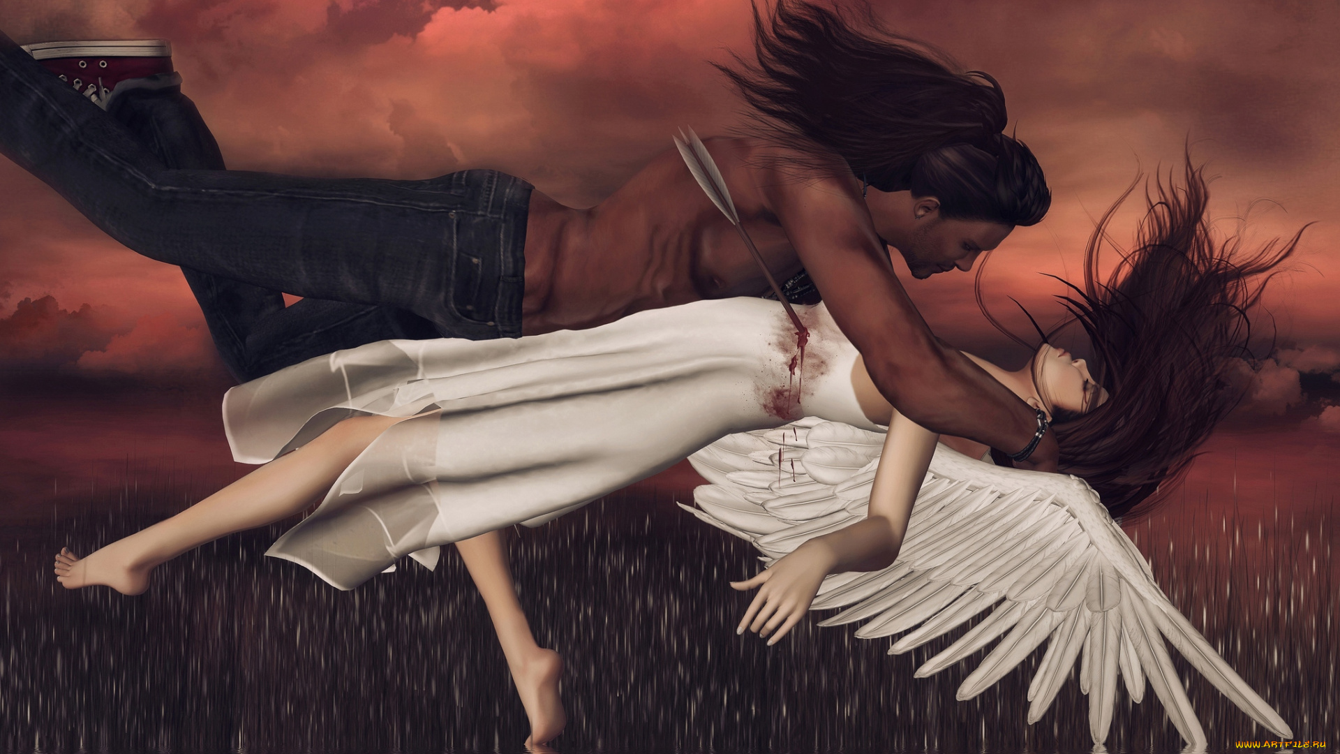 3д, графика, romance, стрела, чувства, крылья, ранение