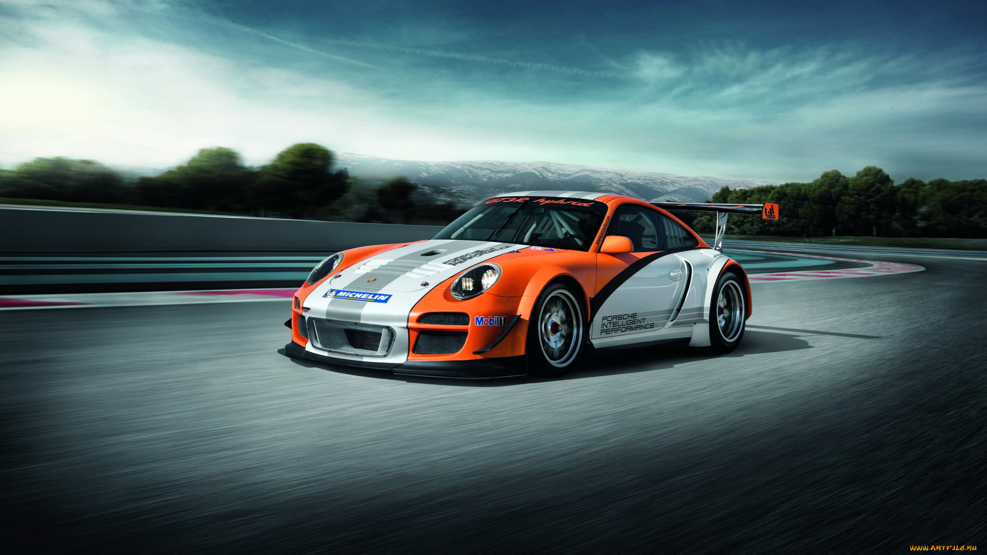 2010, porsche, 911, gt3, hybrid, автомобили, трасса, сумерки