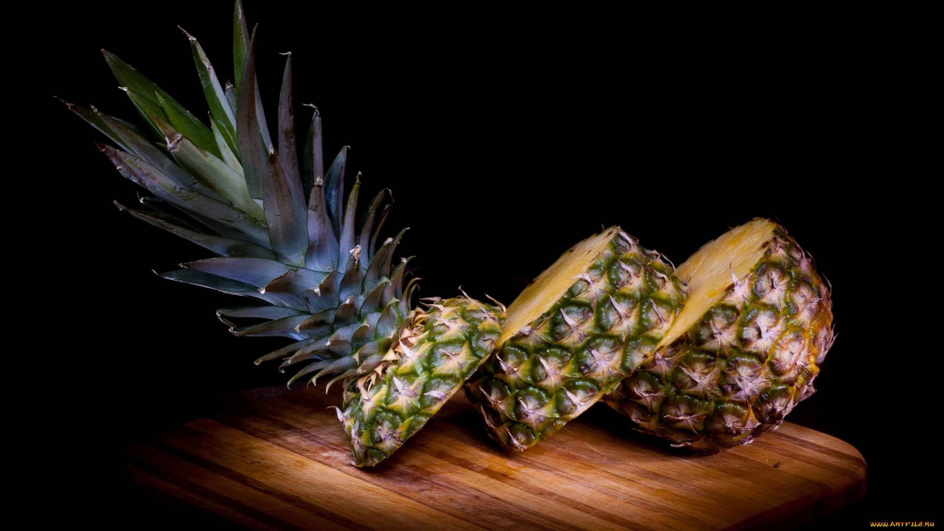 еда, ананас, темный, фон, нарезанный
