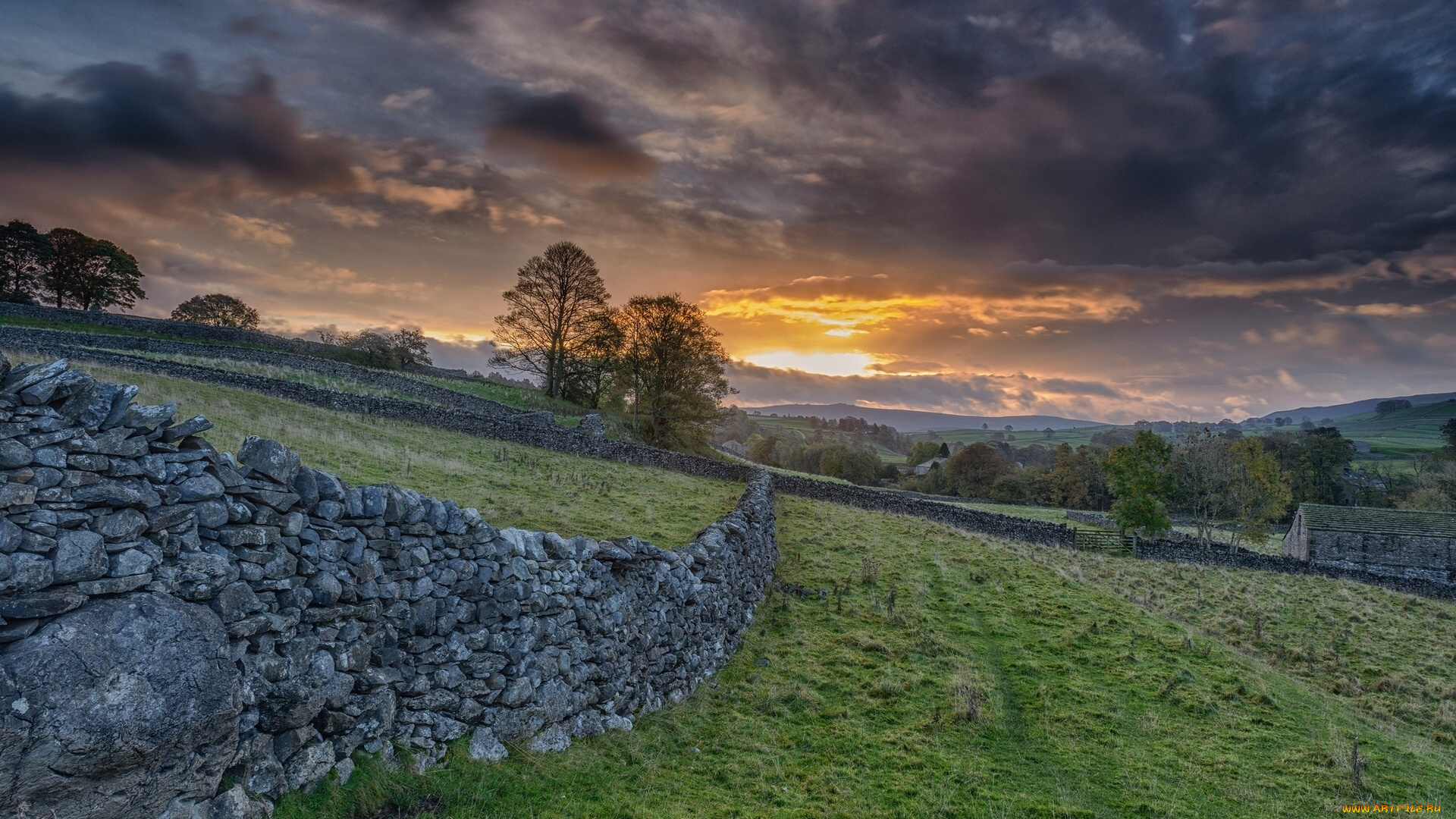 grassington, england, природа, восходы, закаты, грассингтон, англия, закат, забор