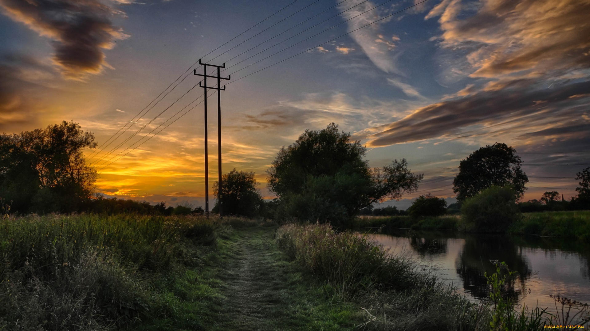 природа, дороги, река, трава, деревья, дорога, тучи, сумрак