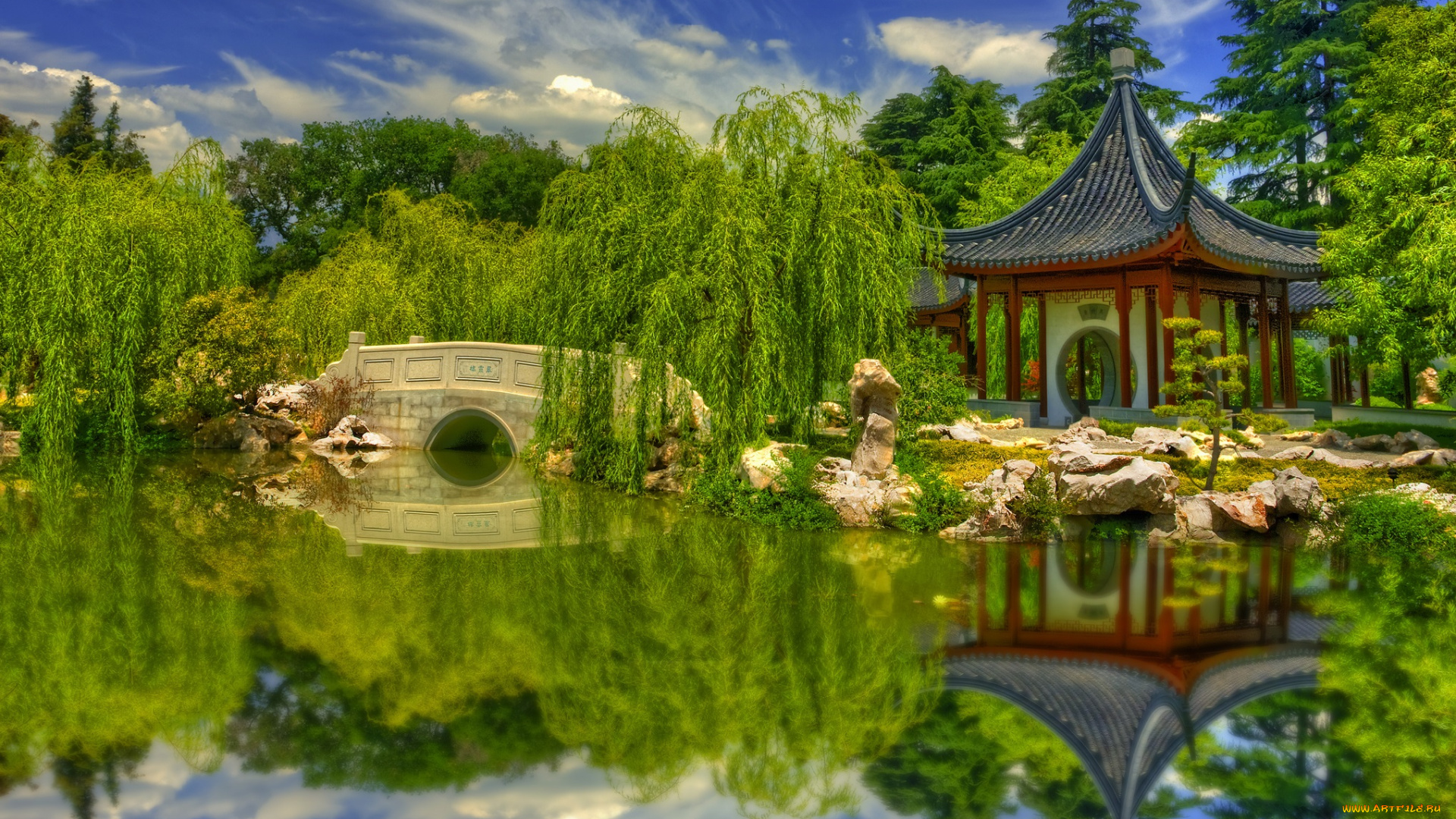 природа, парк, ивы, пруд, мостик, беседка