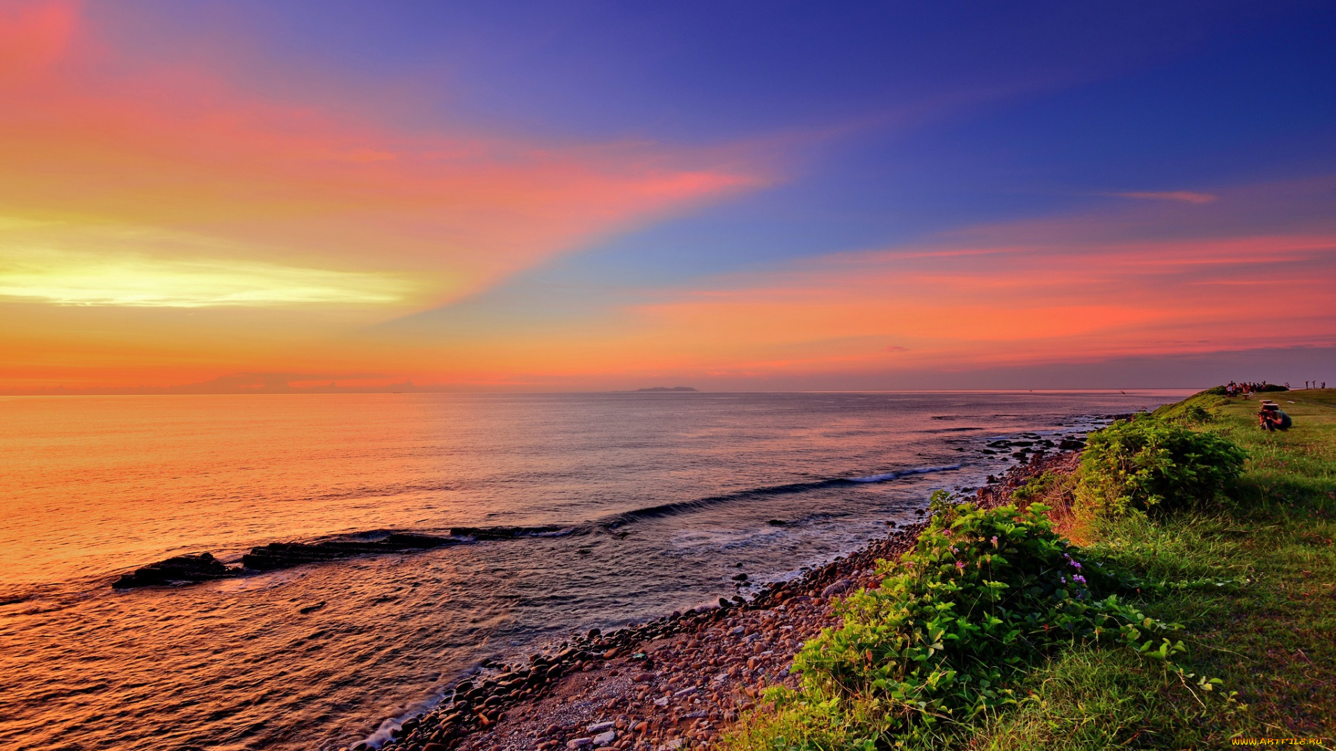 природа, побережье, океан, берег, горизонт, облака, зарево