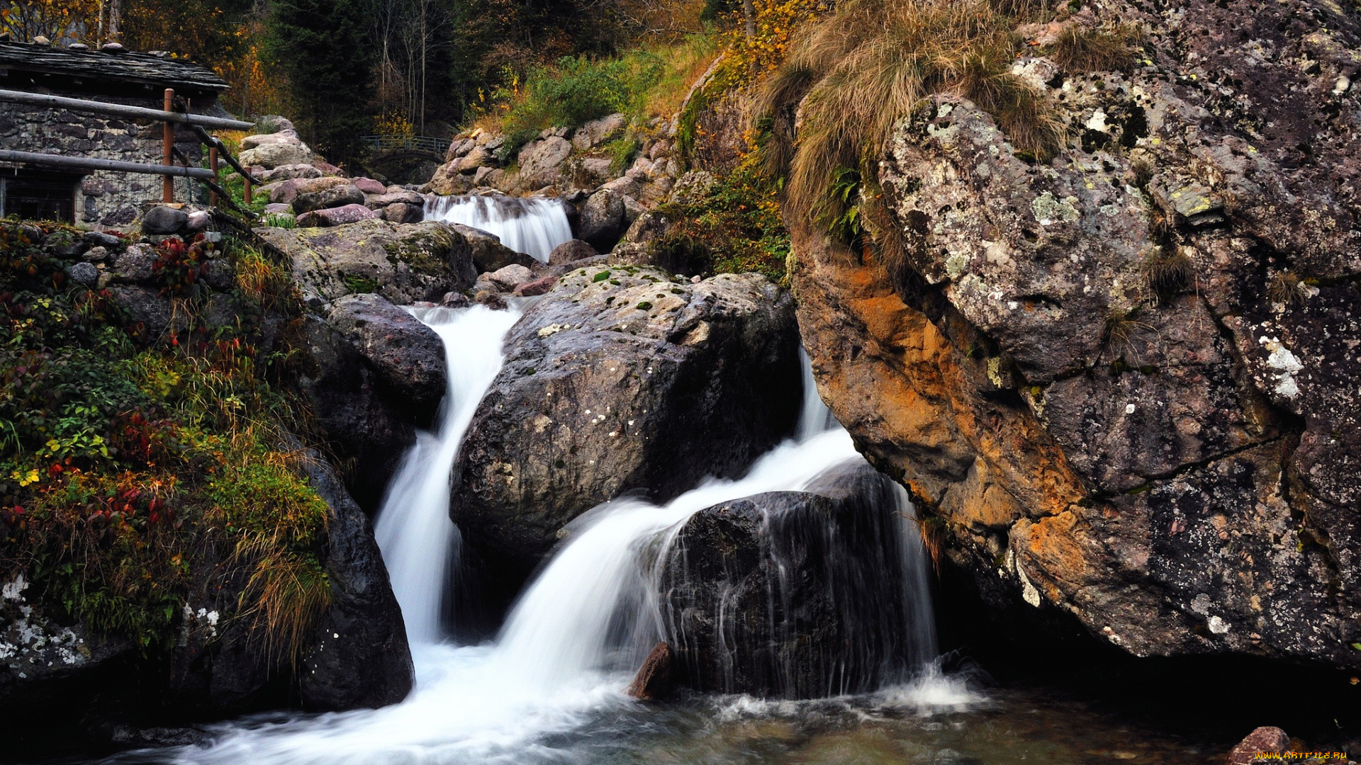 природа, водопады, река, лес, водопад, пороги, камни