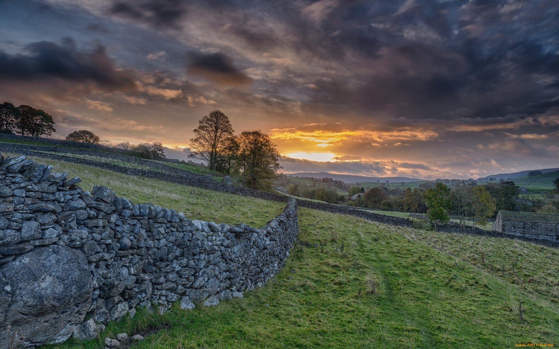 grassington, england, природа, восходы, закаты, грассингтон, англия, закат, забор