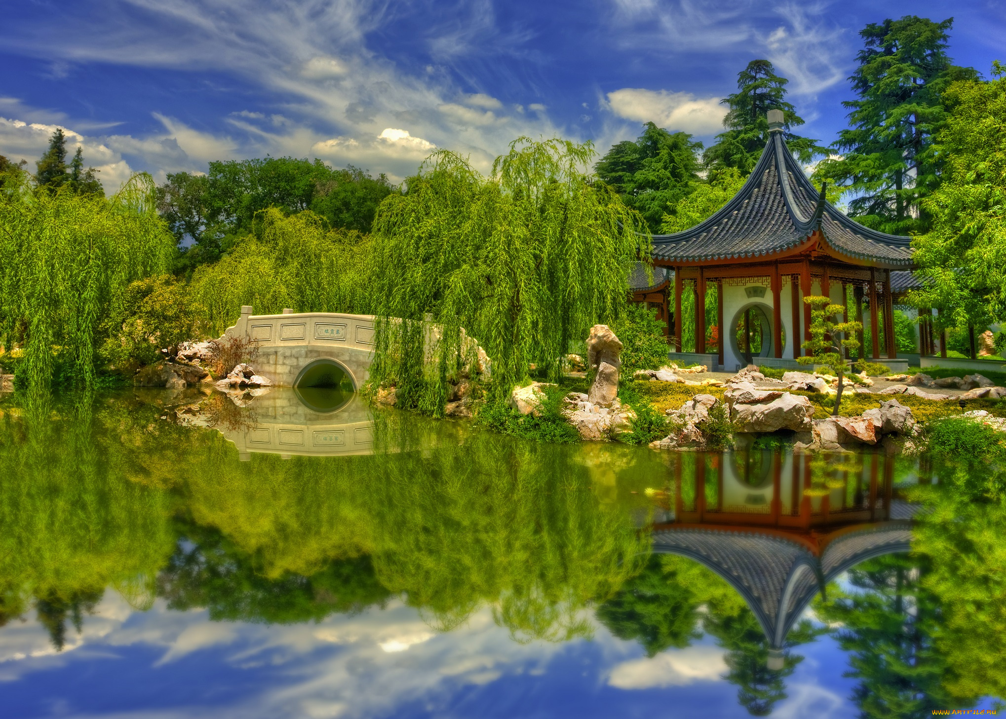 природа, парк, ивы, пруд, мостик, беседка