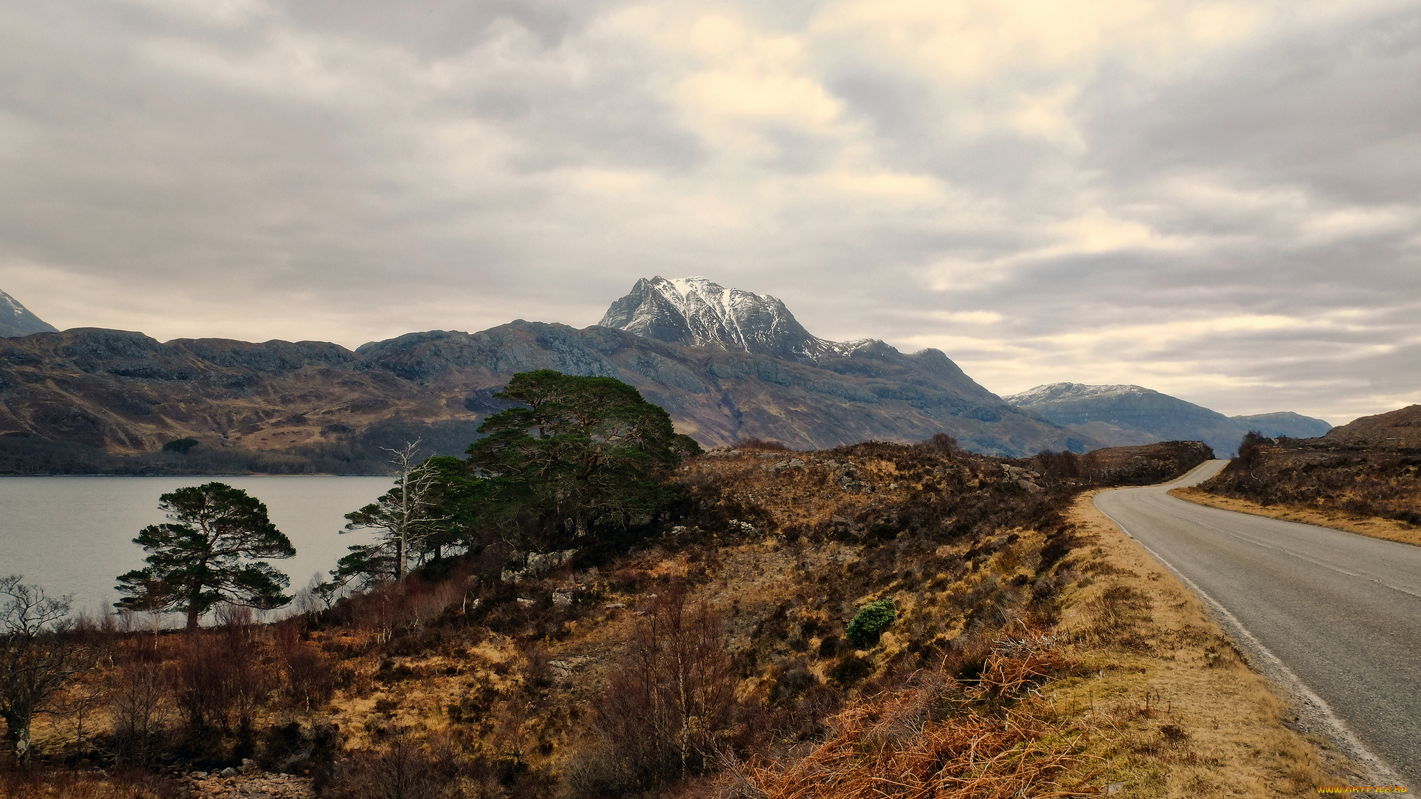 природа, дороги, горы, озеро, дорога, трава, деревья