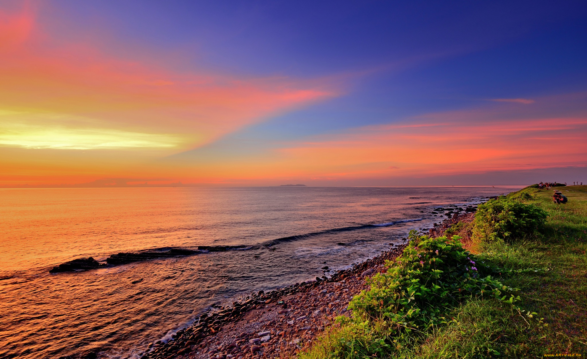 природа, побережье, океан, берег, горизонт, облака, зарево