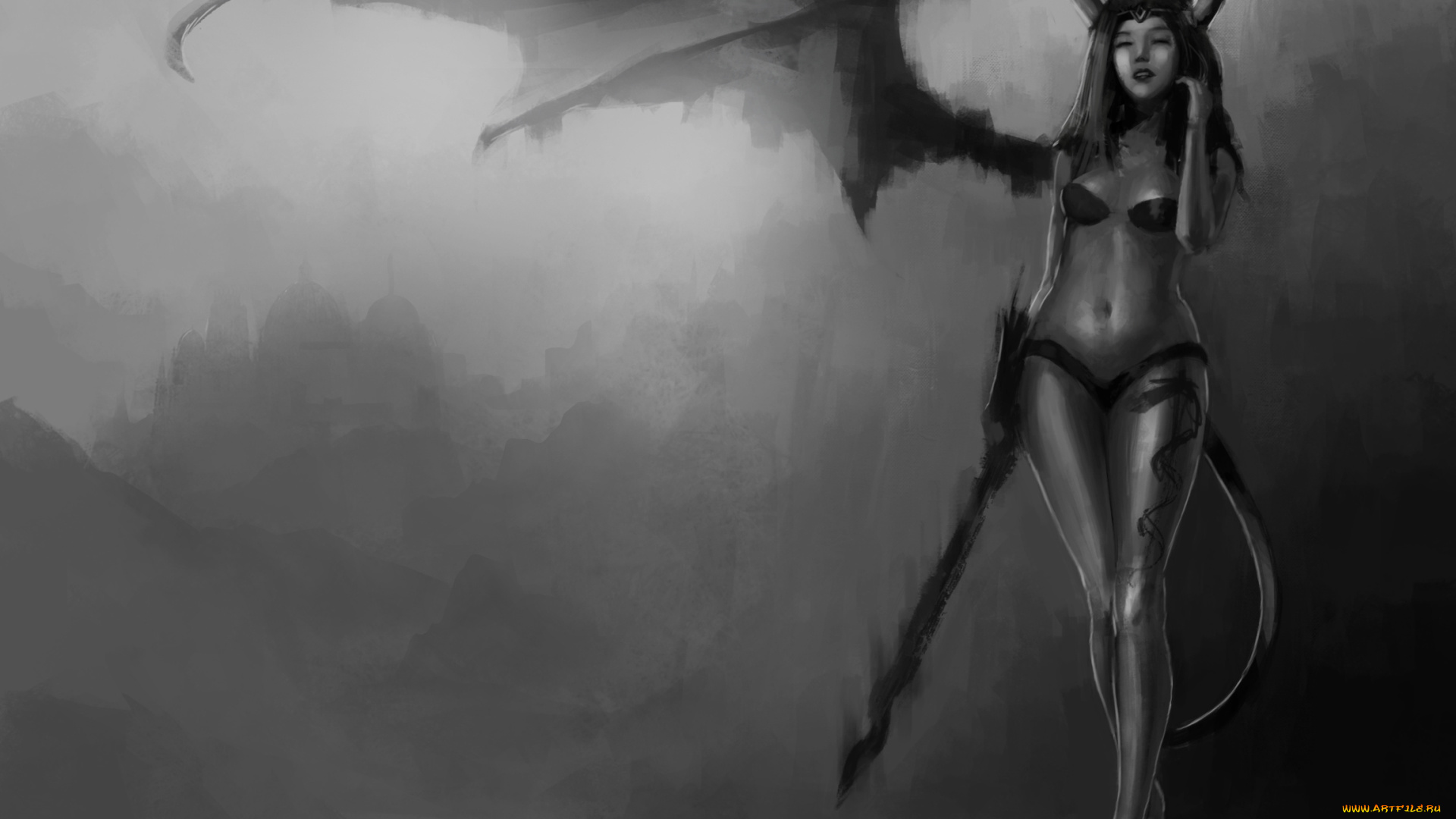 фэнтези, демоны, succubus, эротика, крылья, фантастика, черно-белое